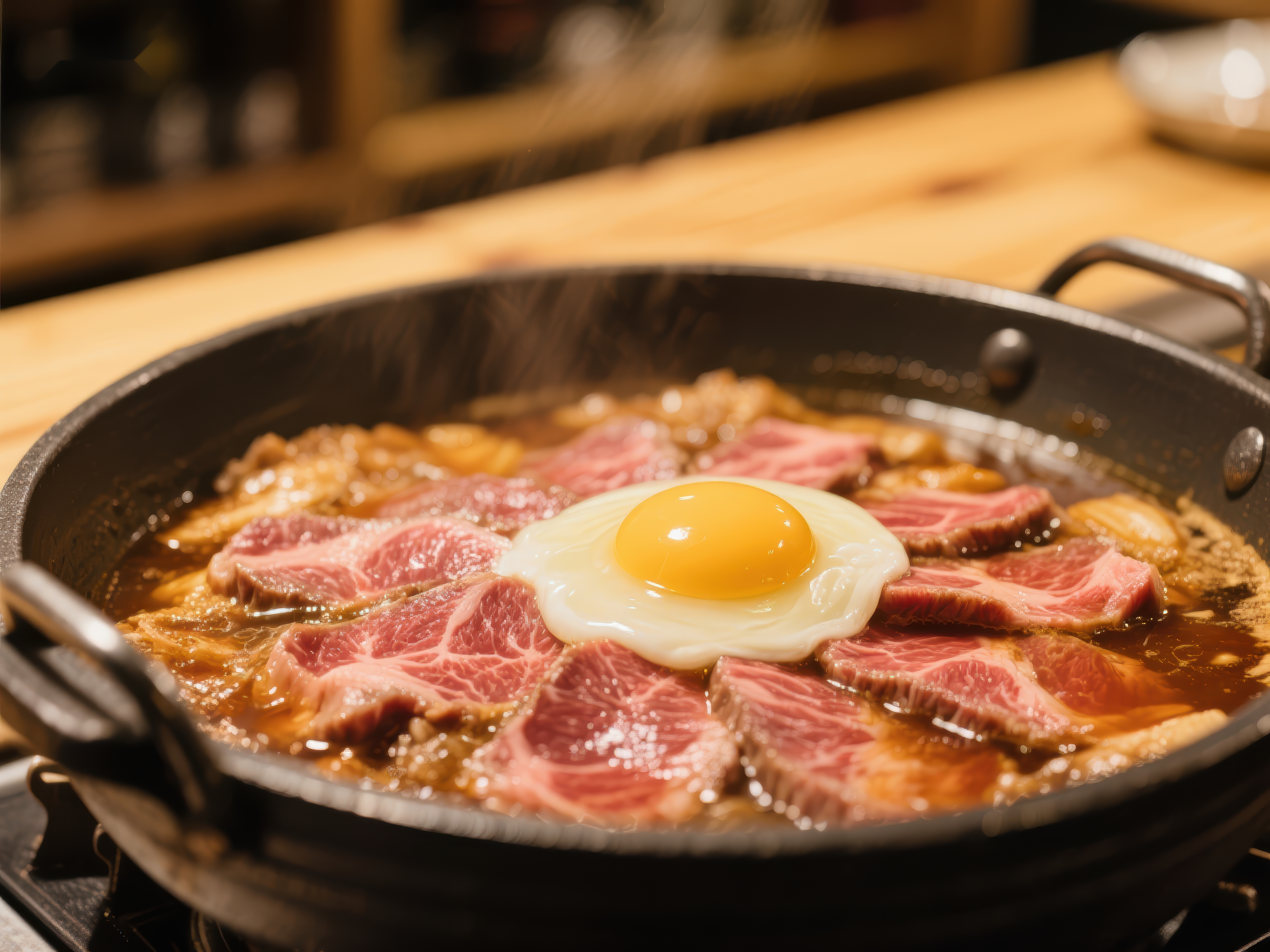 铁锅煎肉配蛋热气腾腾素材