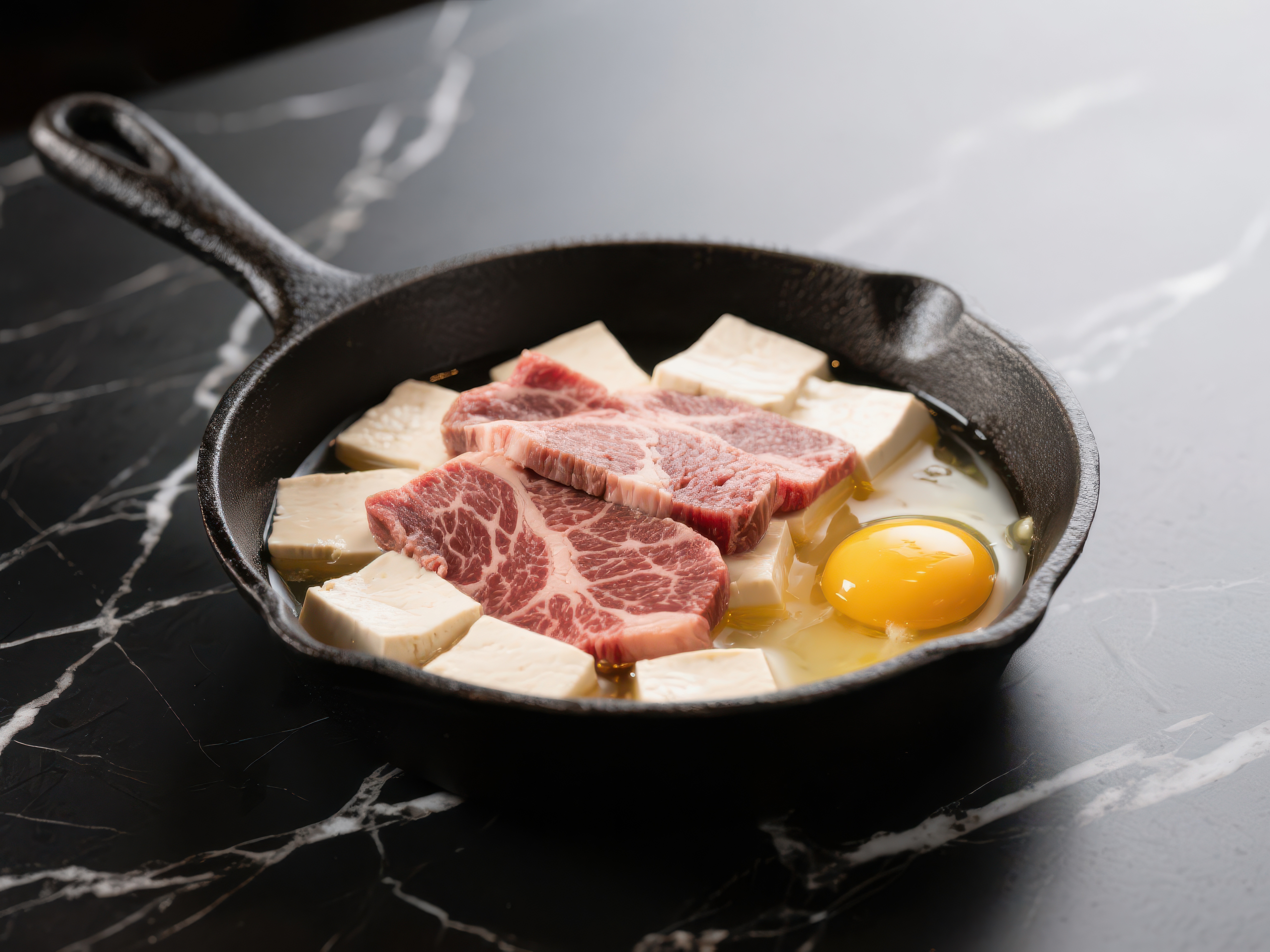 铸铁锅中的豆腐牛肉与生蛋素材