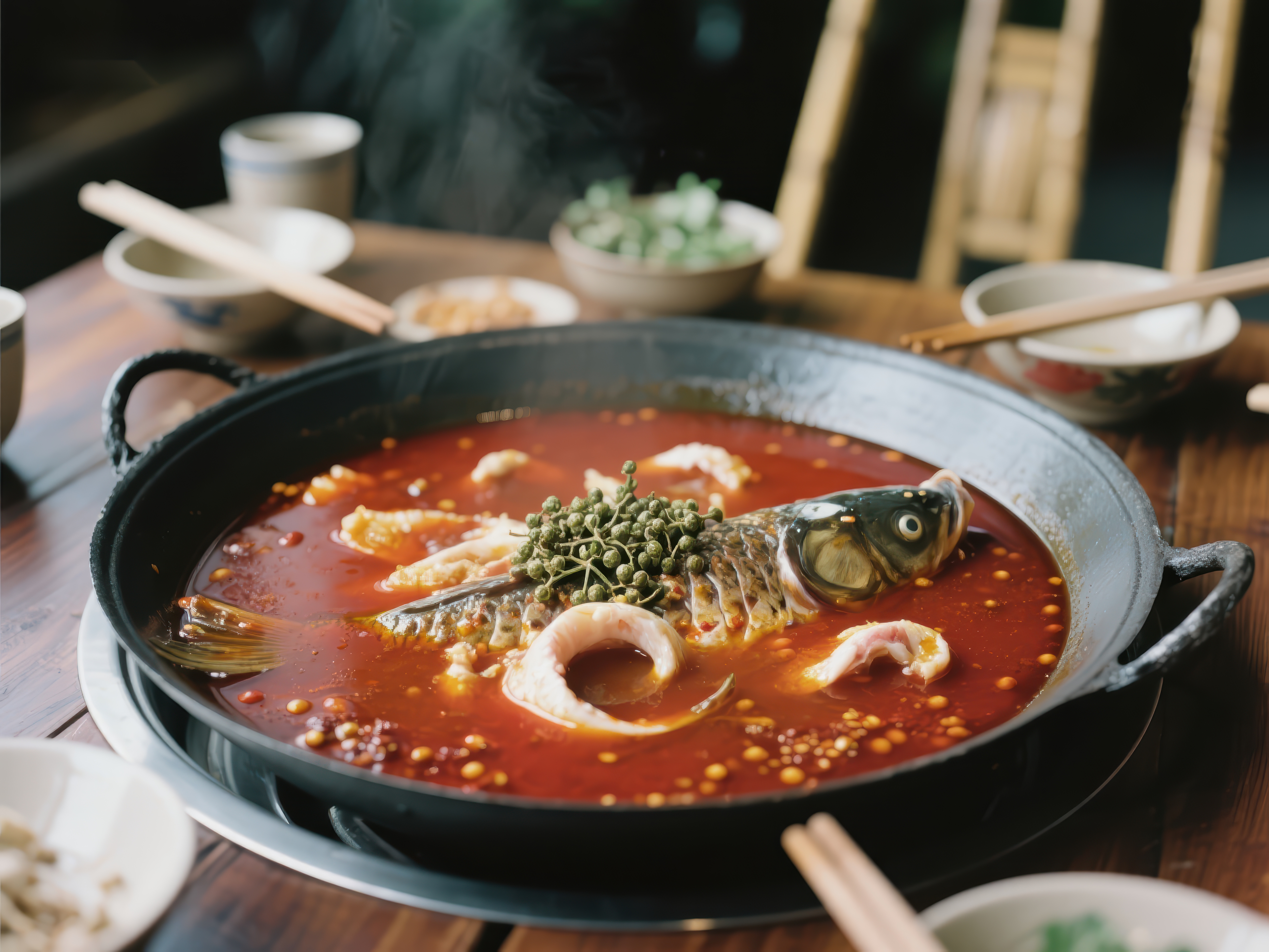 麻辣鱼火锅热气腾腾的美食诱惑素材