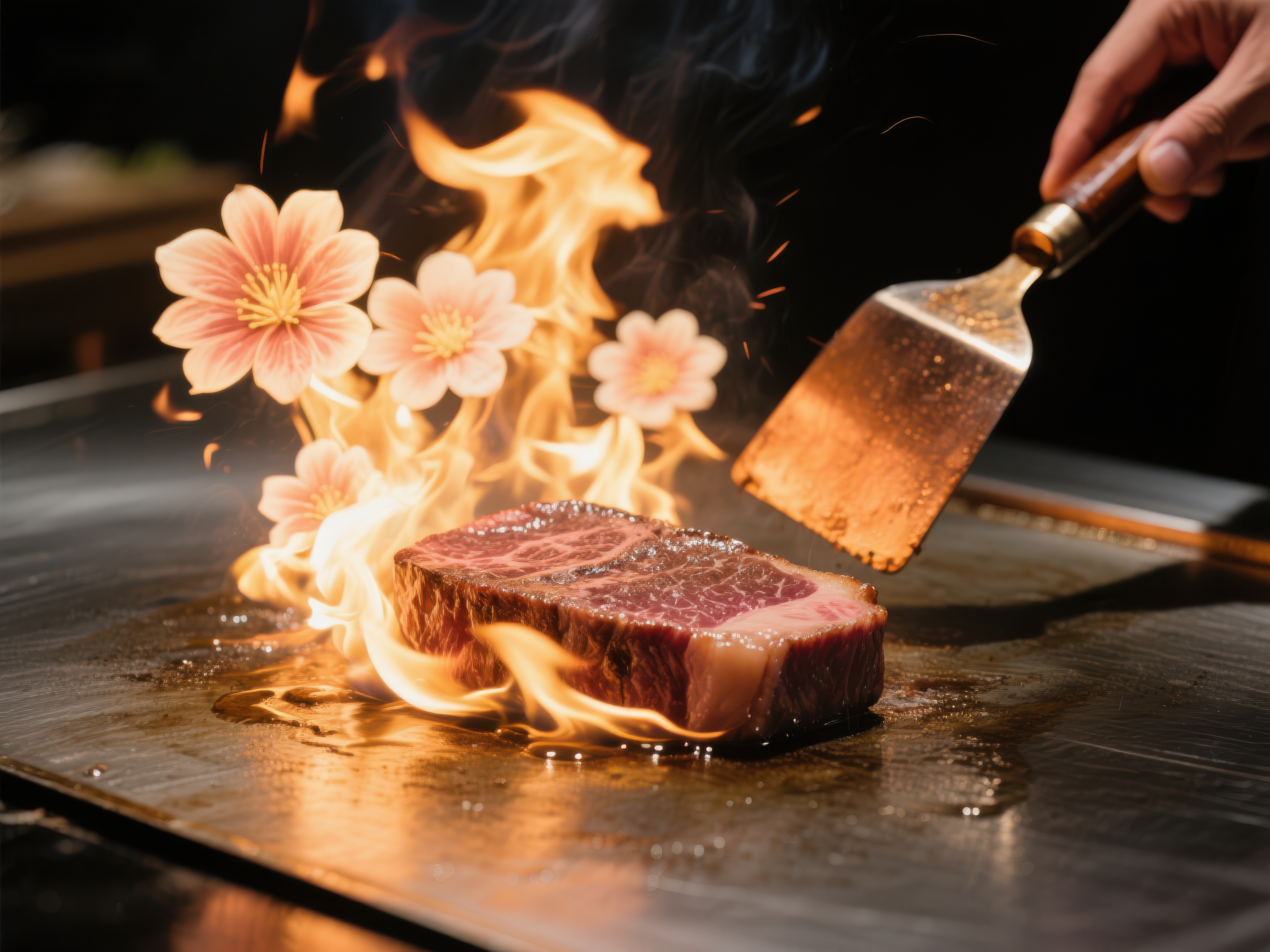 火焰炙烤牛肉铁板上的美食艺术素材