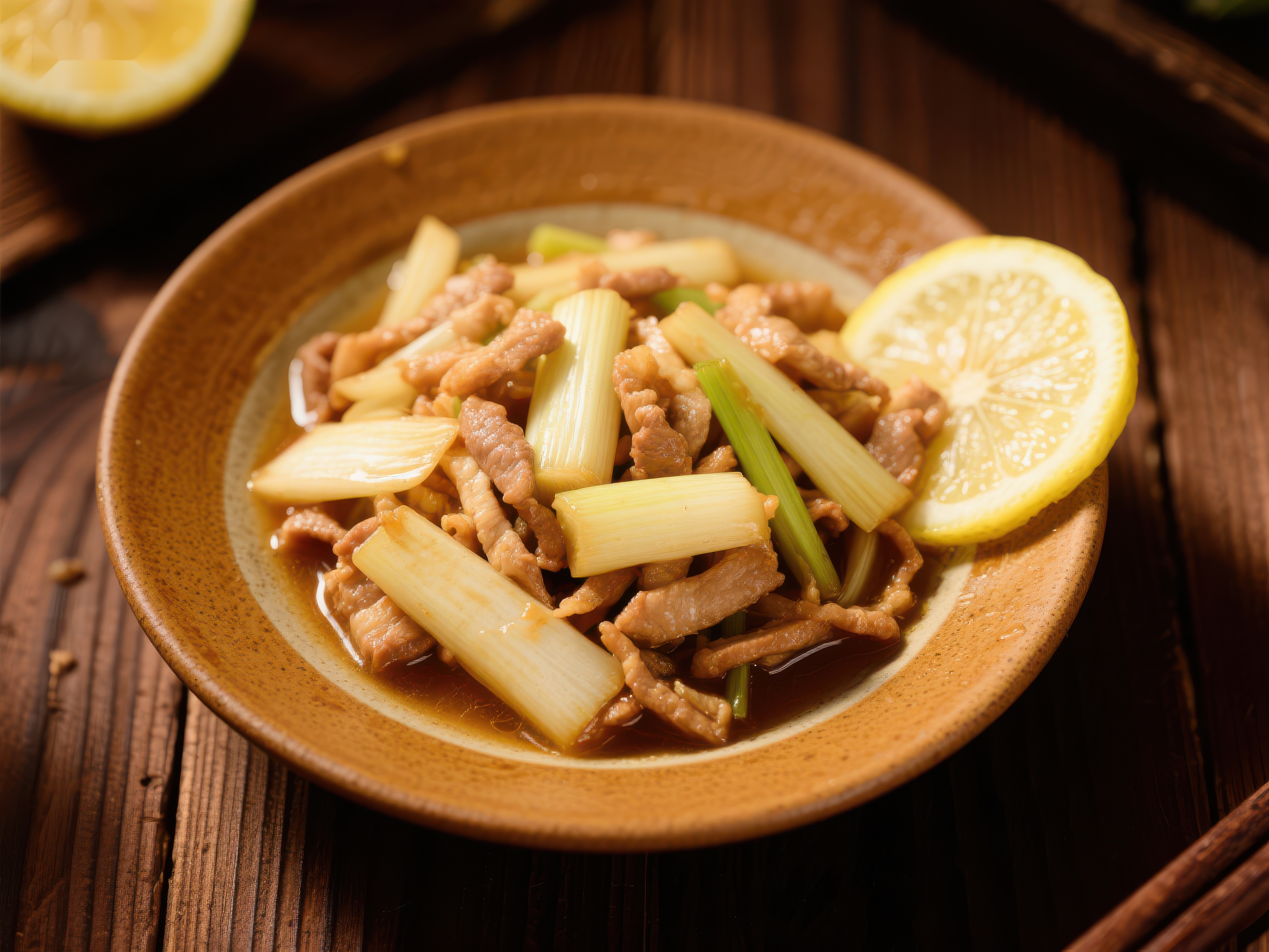 柠檬炒肉丝配葱段素材