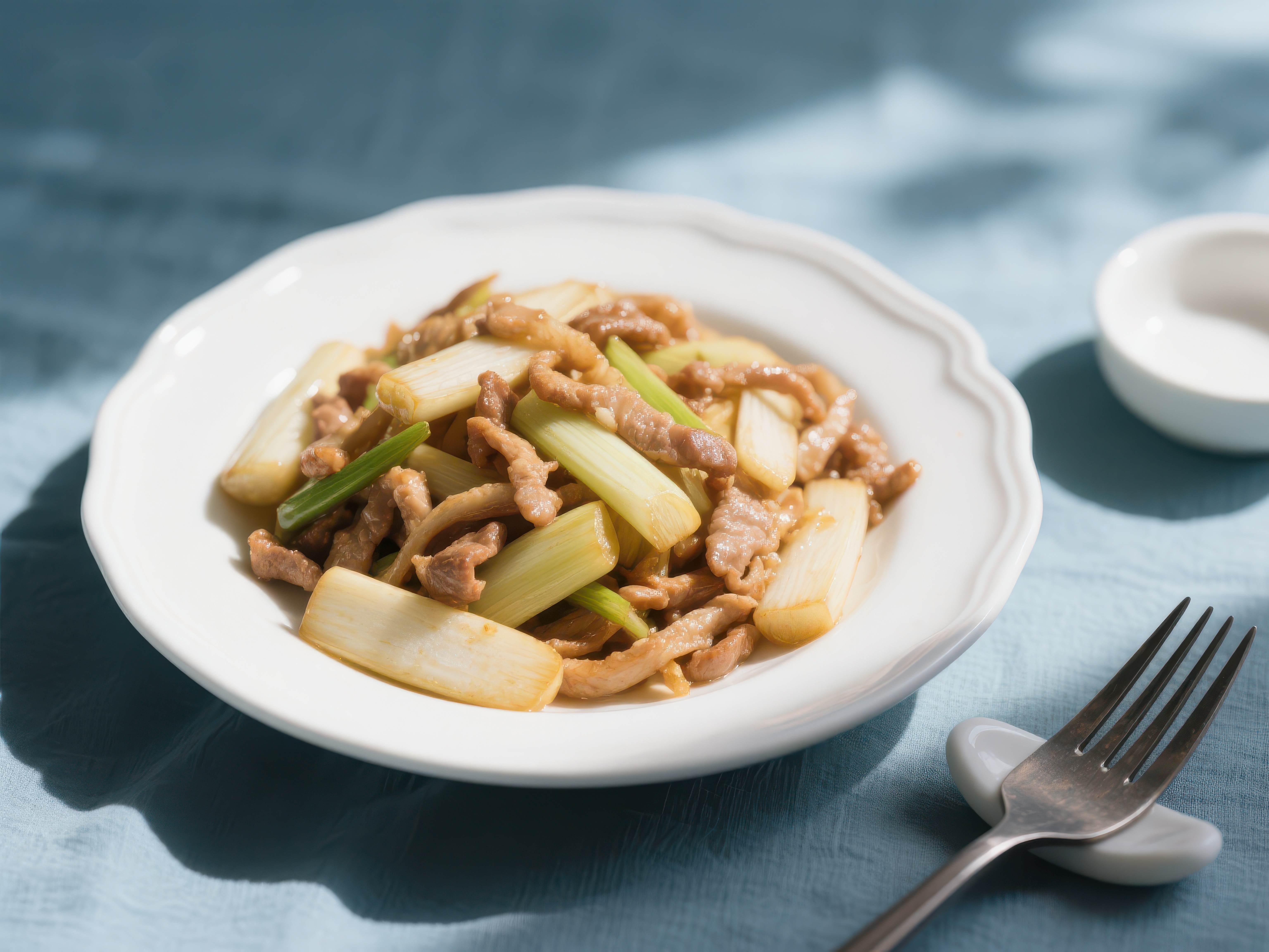 炒肉片与葱段的美味佳肴素材
