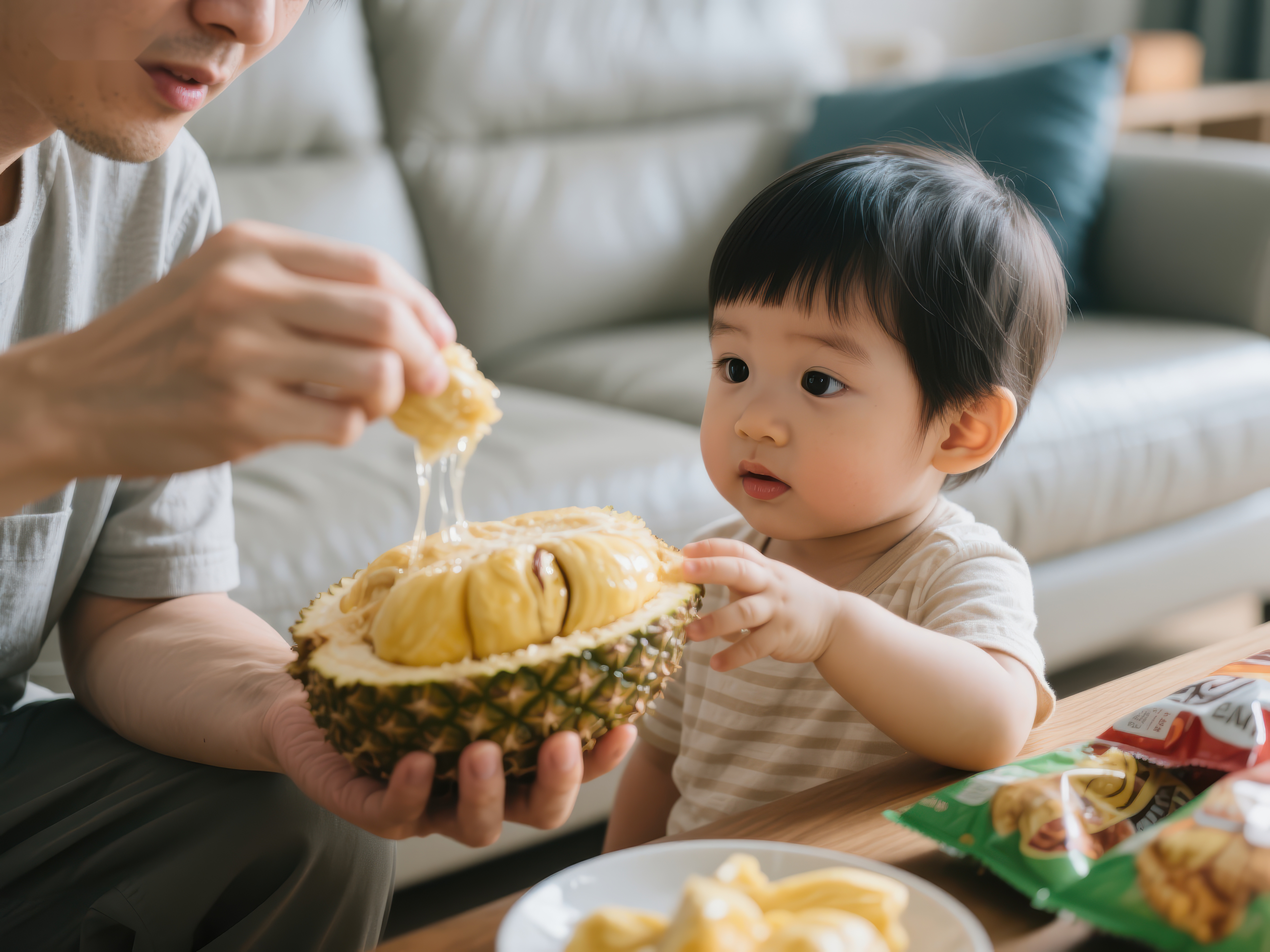 父亲与孩子共享菠萝蜜温馨时刻素材