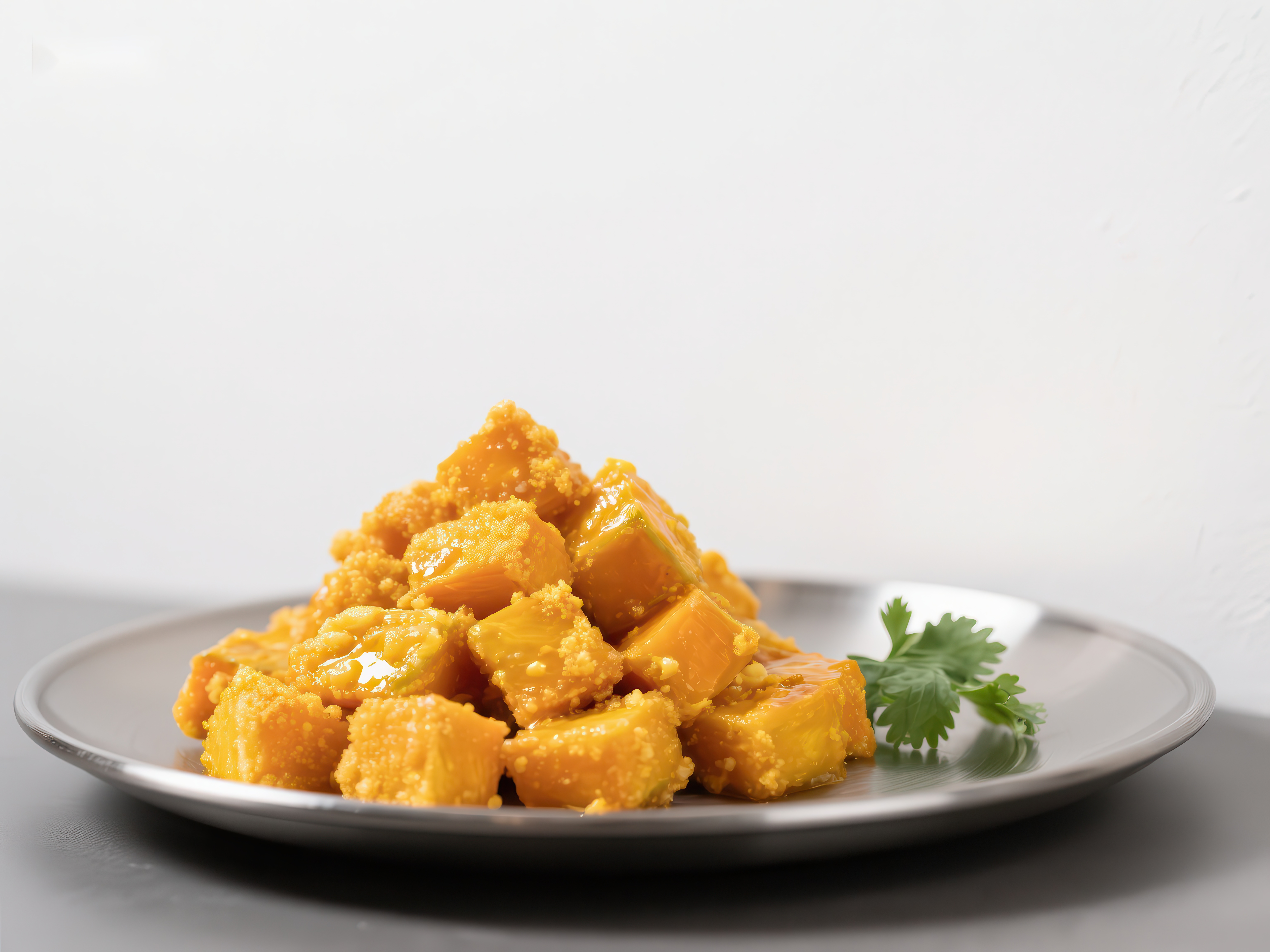 金黄色豆腐菜肴点缀香菜素材