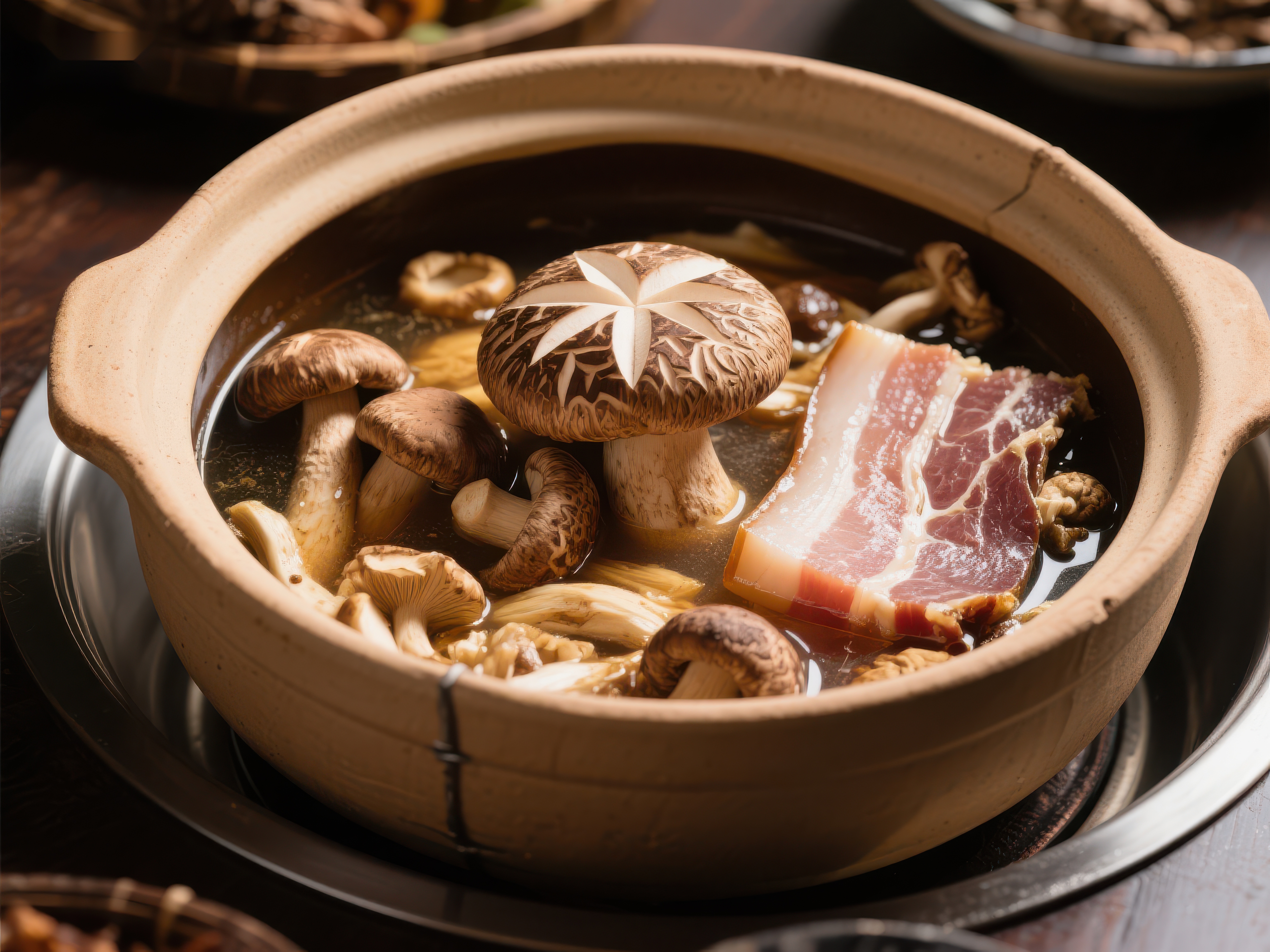 砂锅炖煮香菇培根美食素材