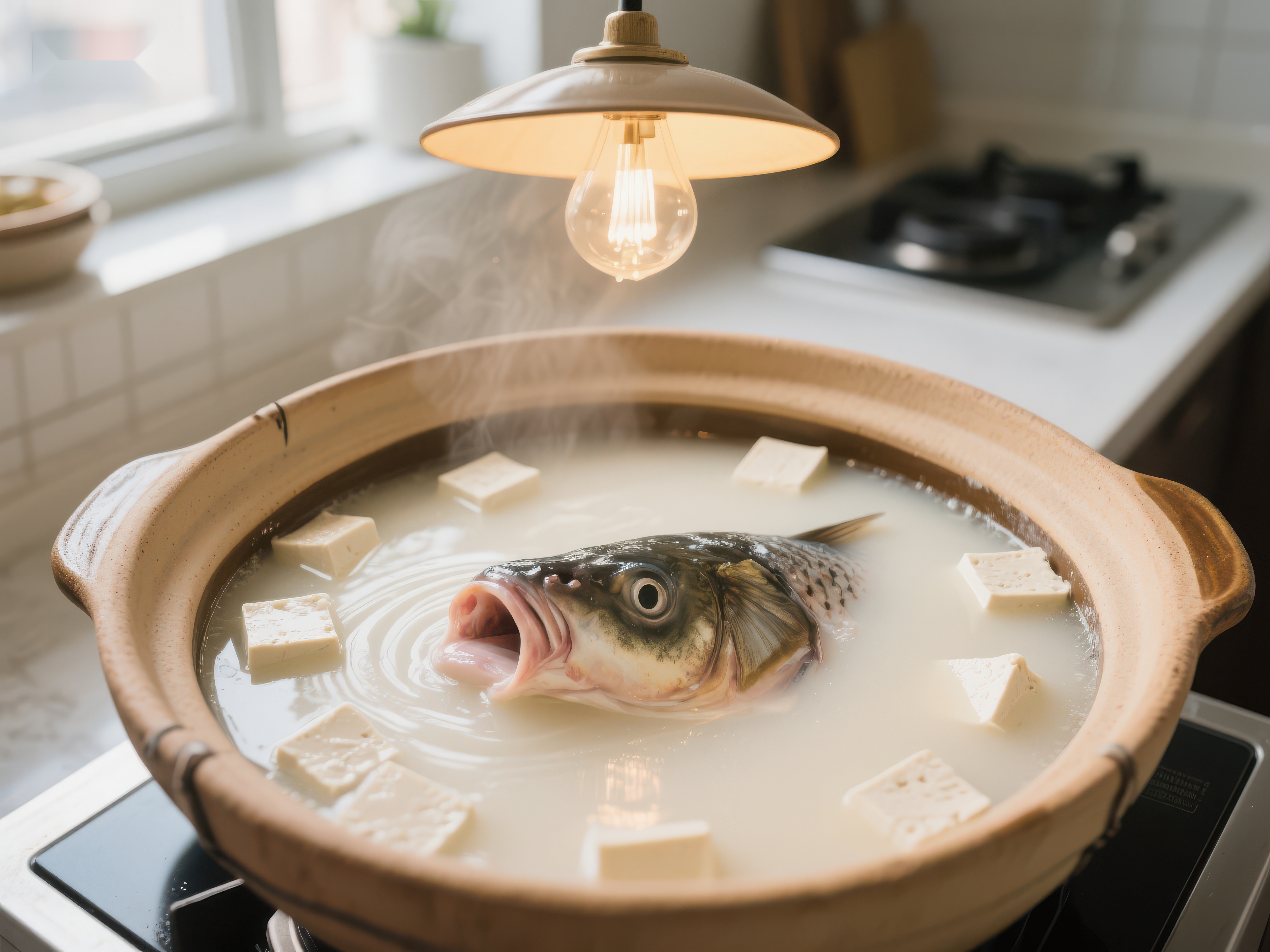 砂锅鱼头豆腐汤热气腾腾素材