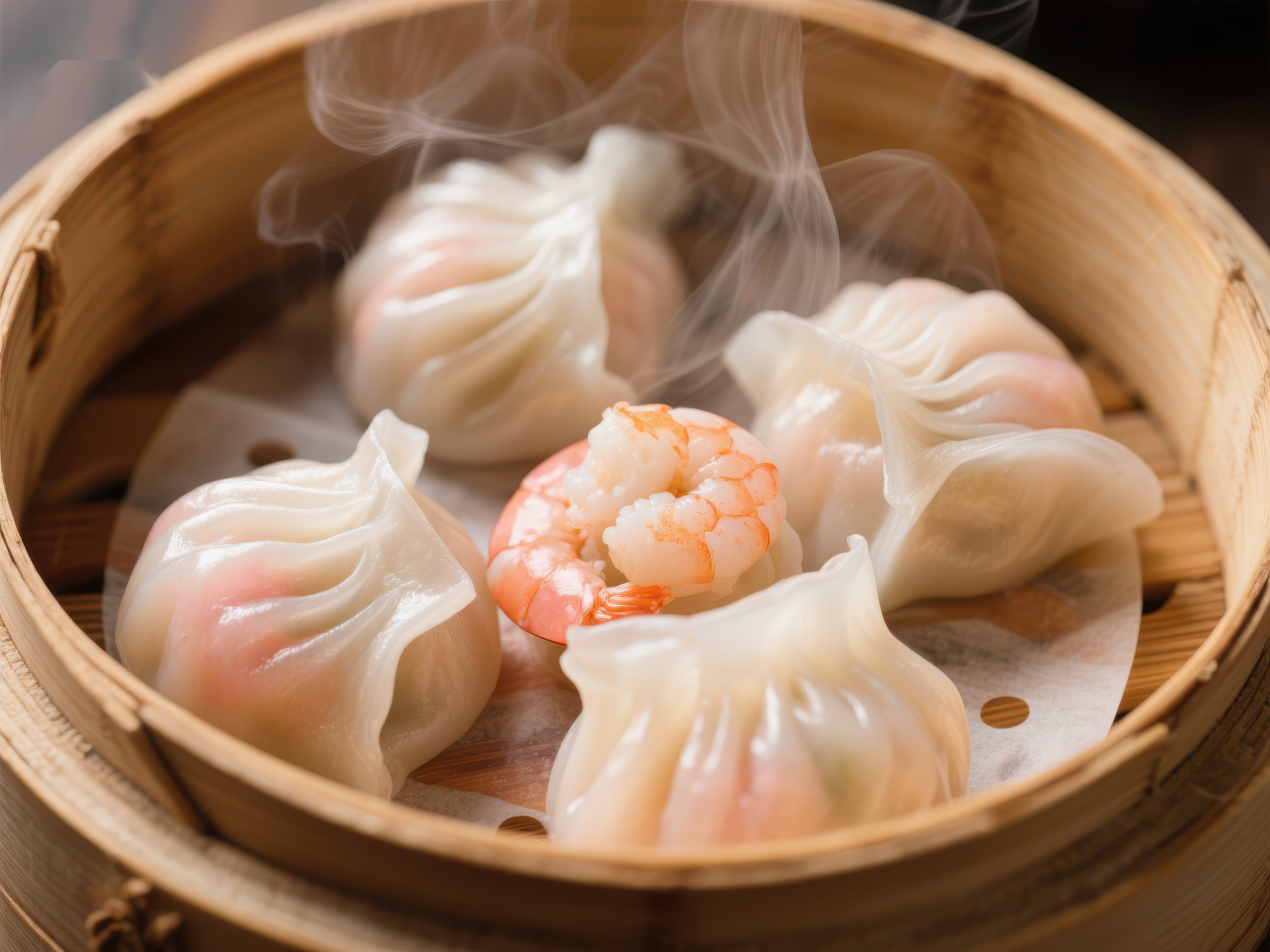 热气腾腾的蒸饺鲜美虾仁点缀素材