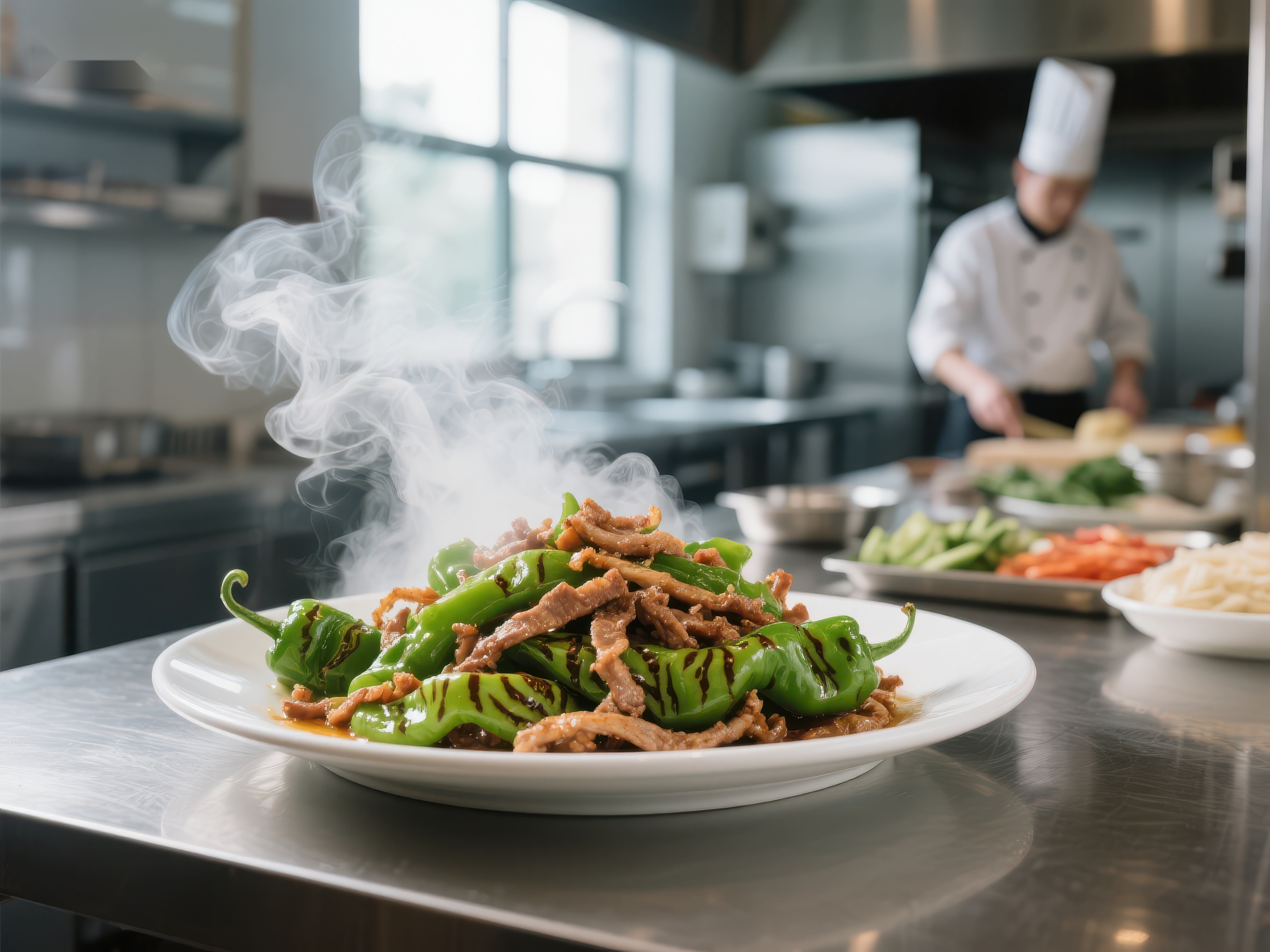 热气腾腾的青椒牛肉在厨房中呈现素材