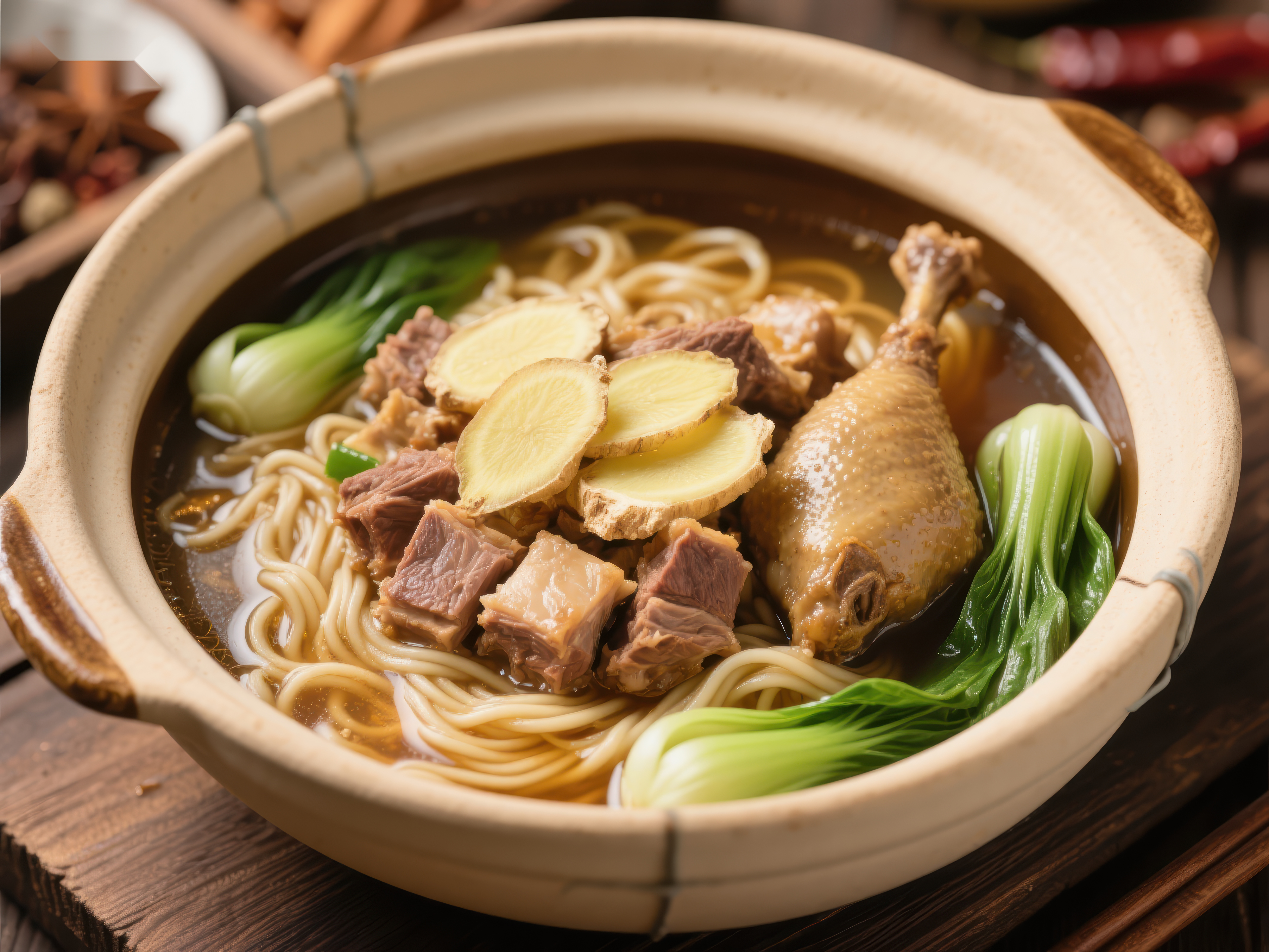 砂锅炖煮鸡肉牛肉面素材