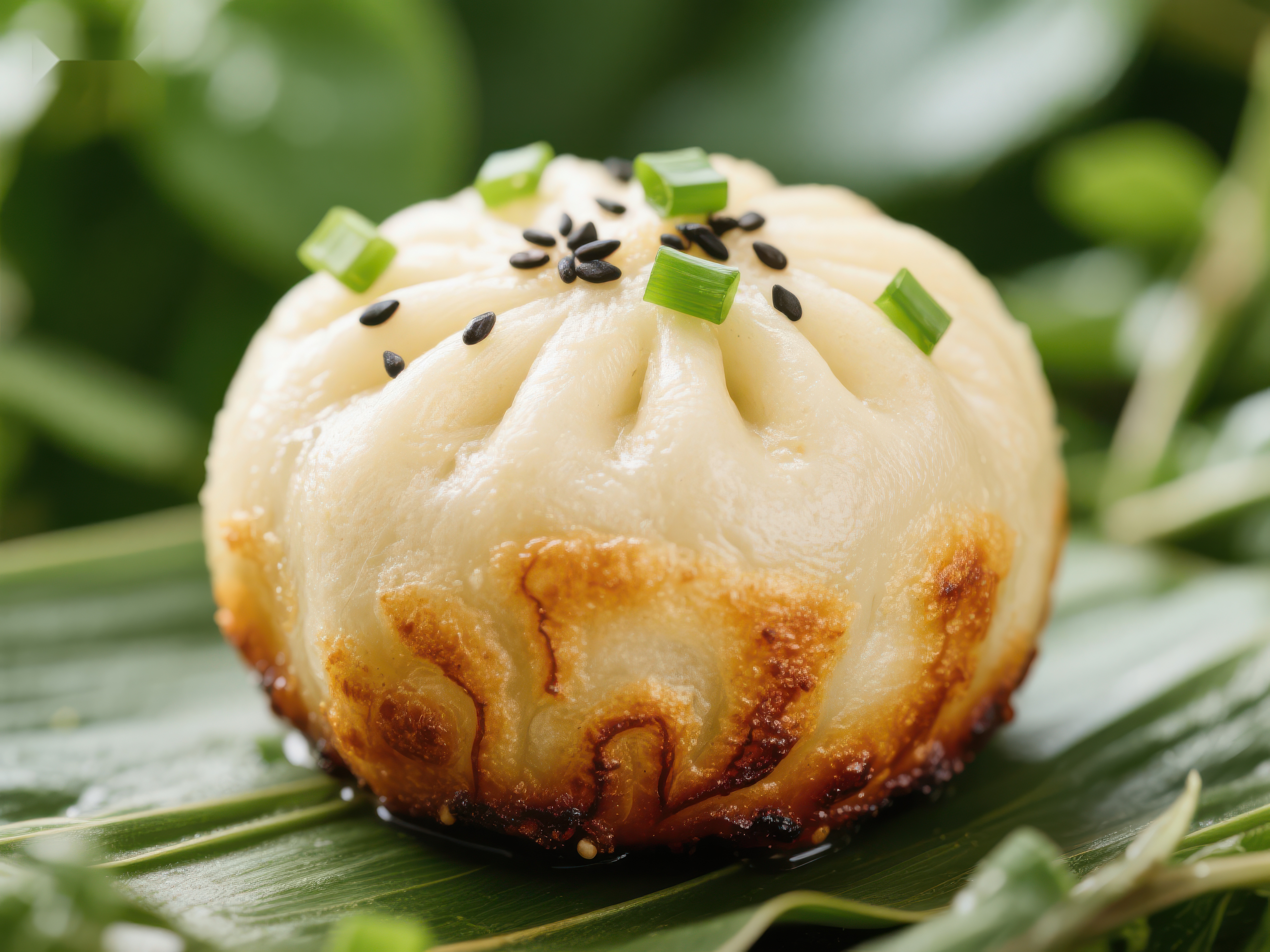 金黄煎饺点缀葱花与芝麻素材