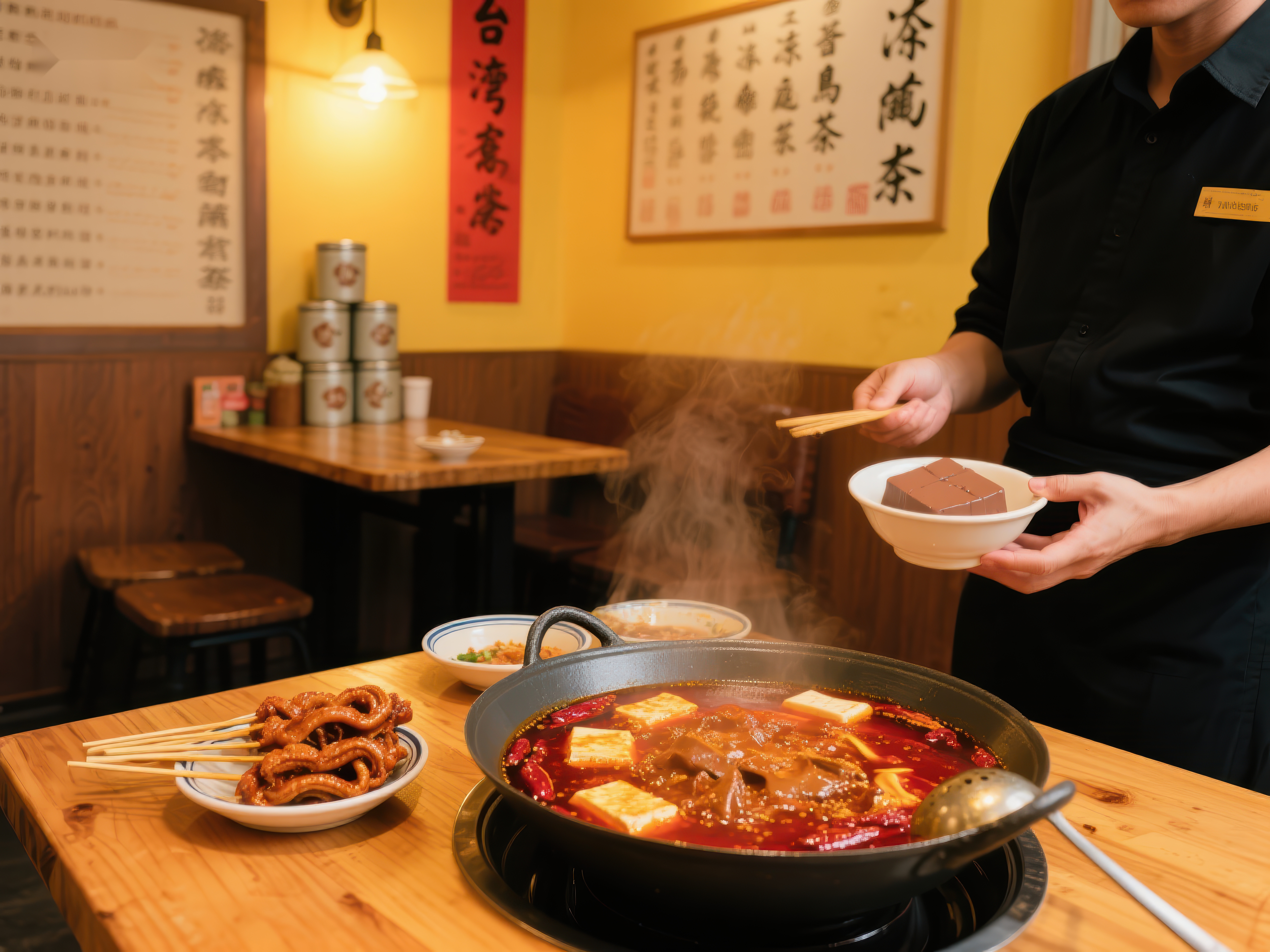 火锅店内服务员端上热腾腾的美食素材