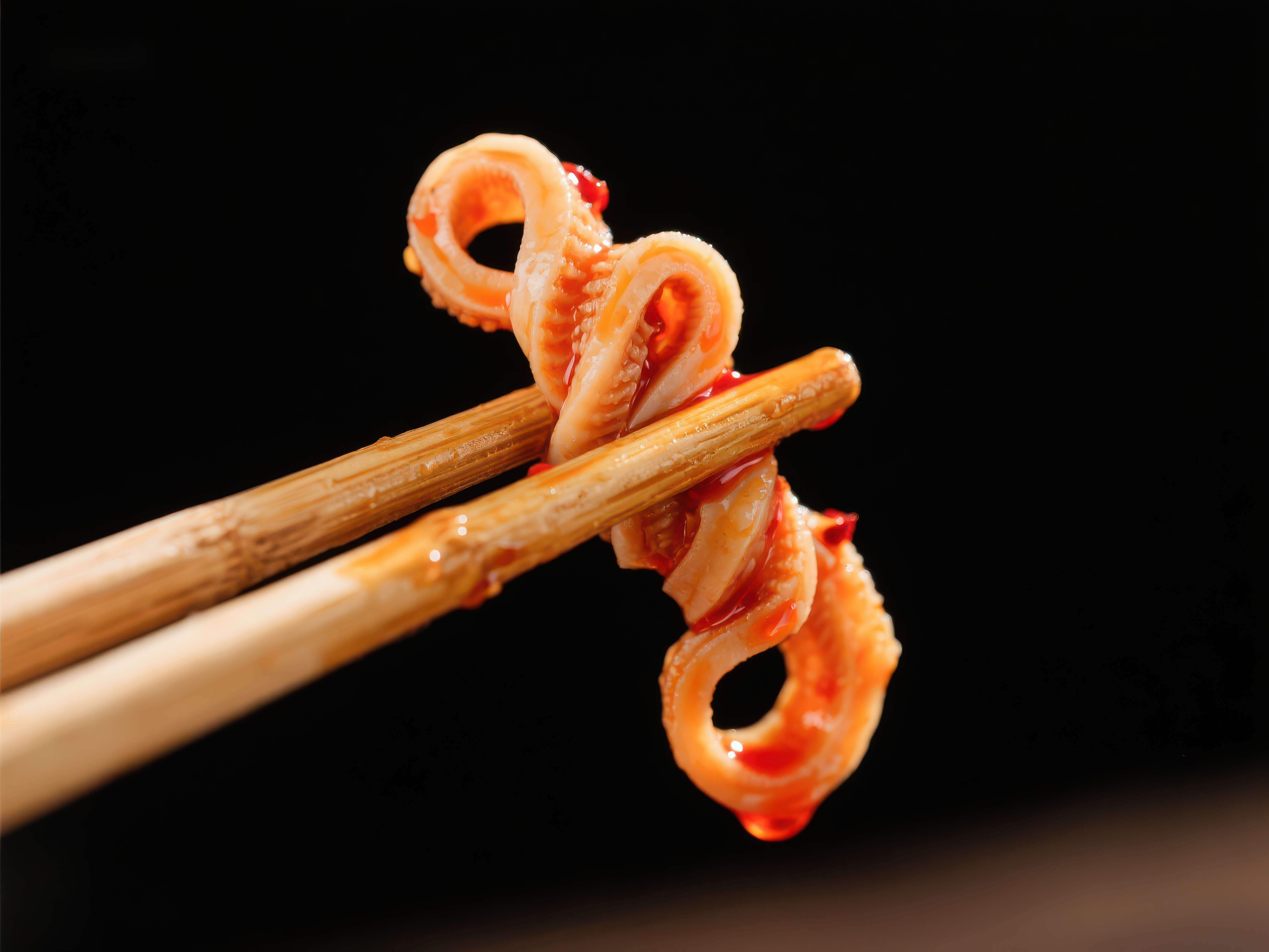 筷子夹起的鱿鱼圈特写素材