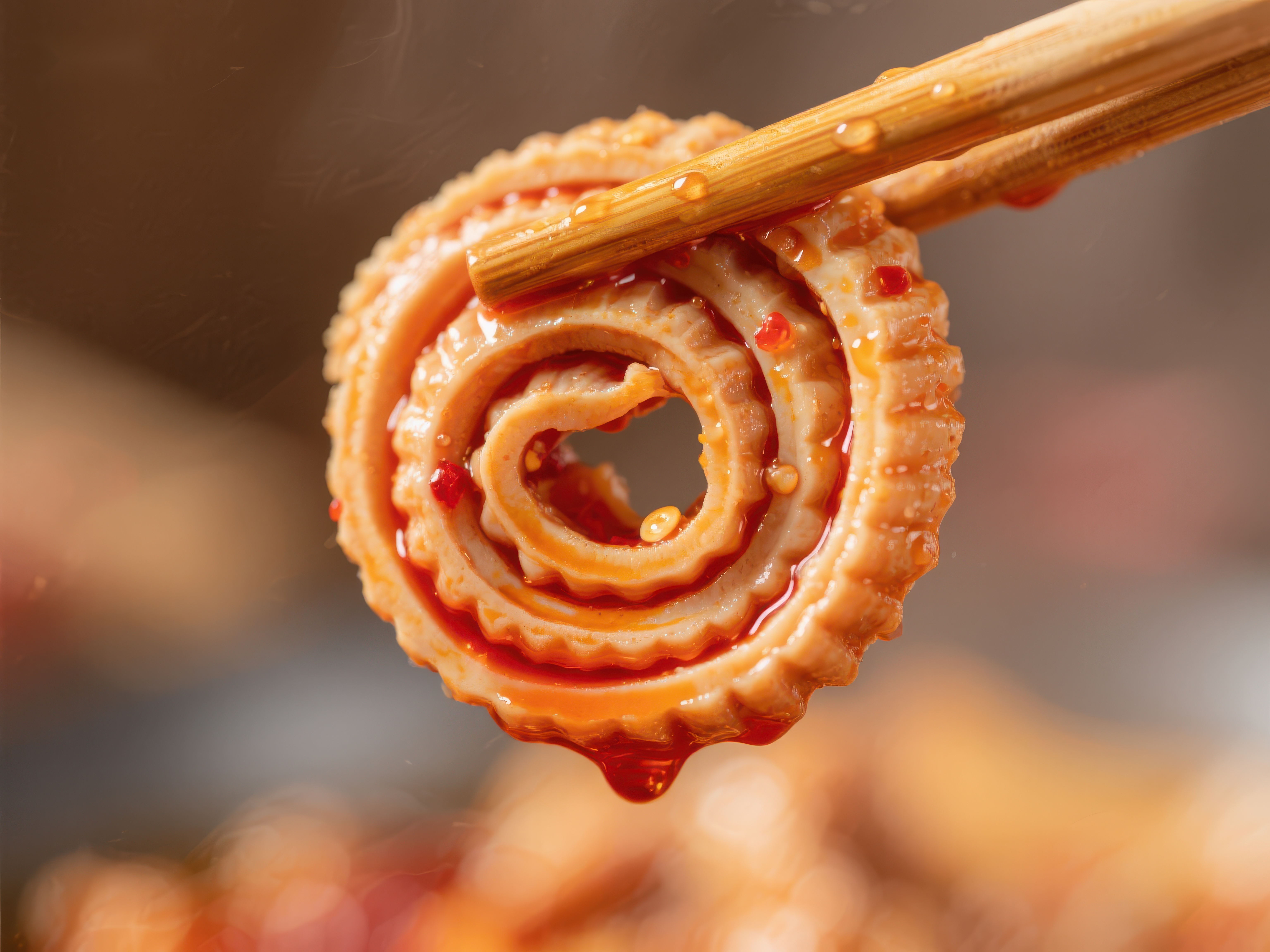 麻辣鱿鱼圈筷子夹起的美味瞬间素材