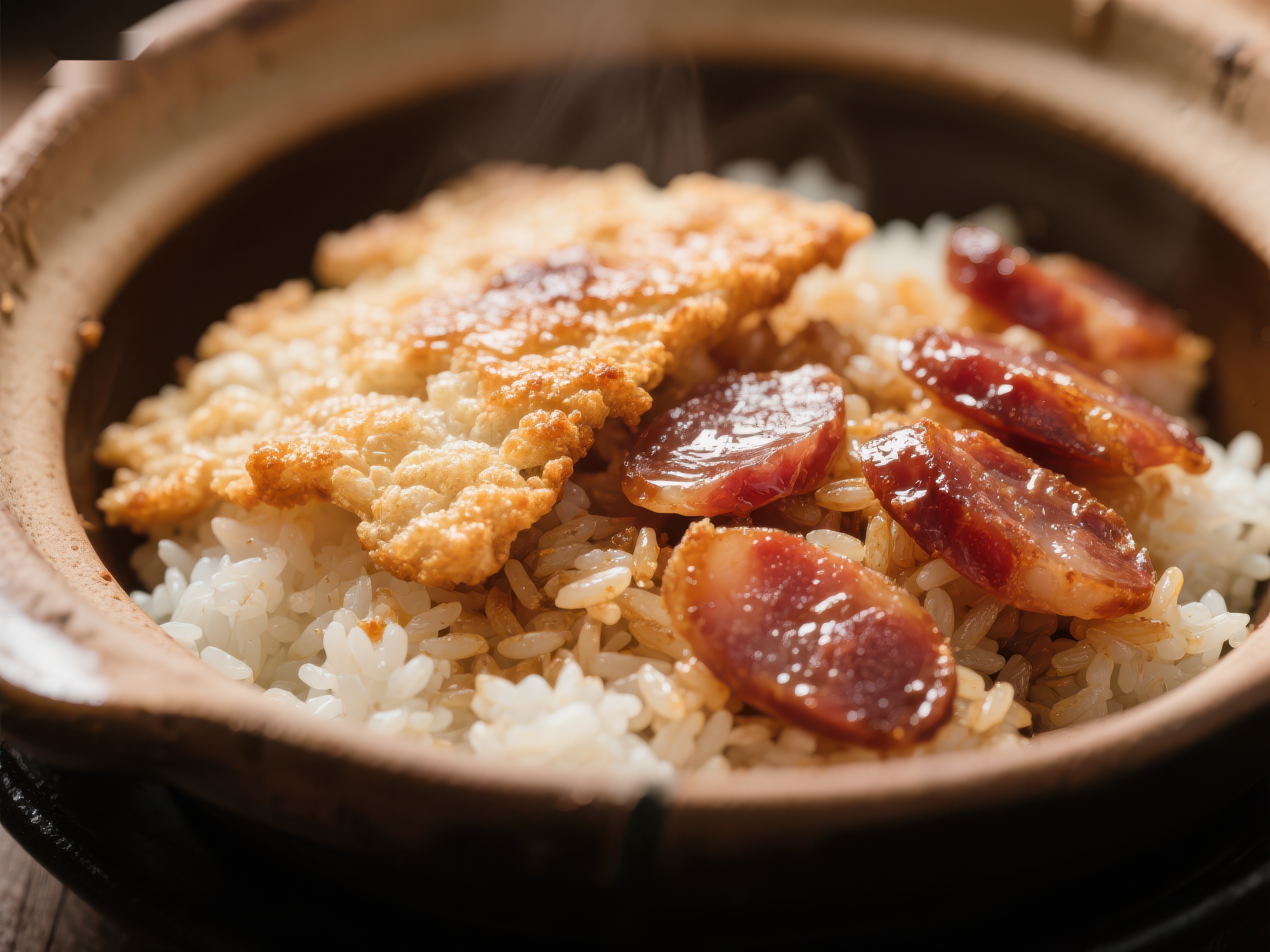 热腾腾的煲仔饭腊肠与锅巴香气四溢素材