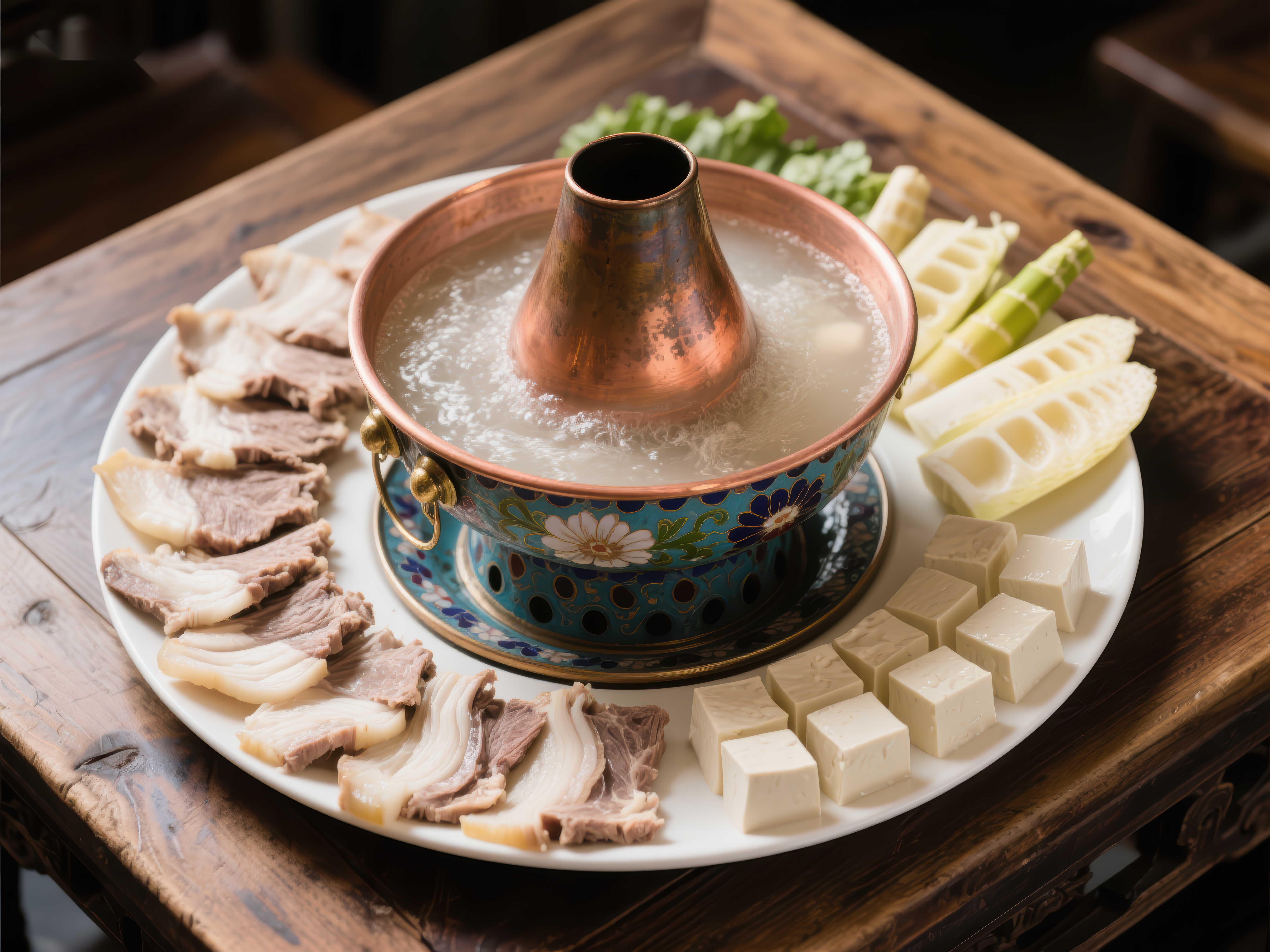 铜锅涮肉与配菜的美食组合素材