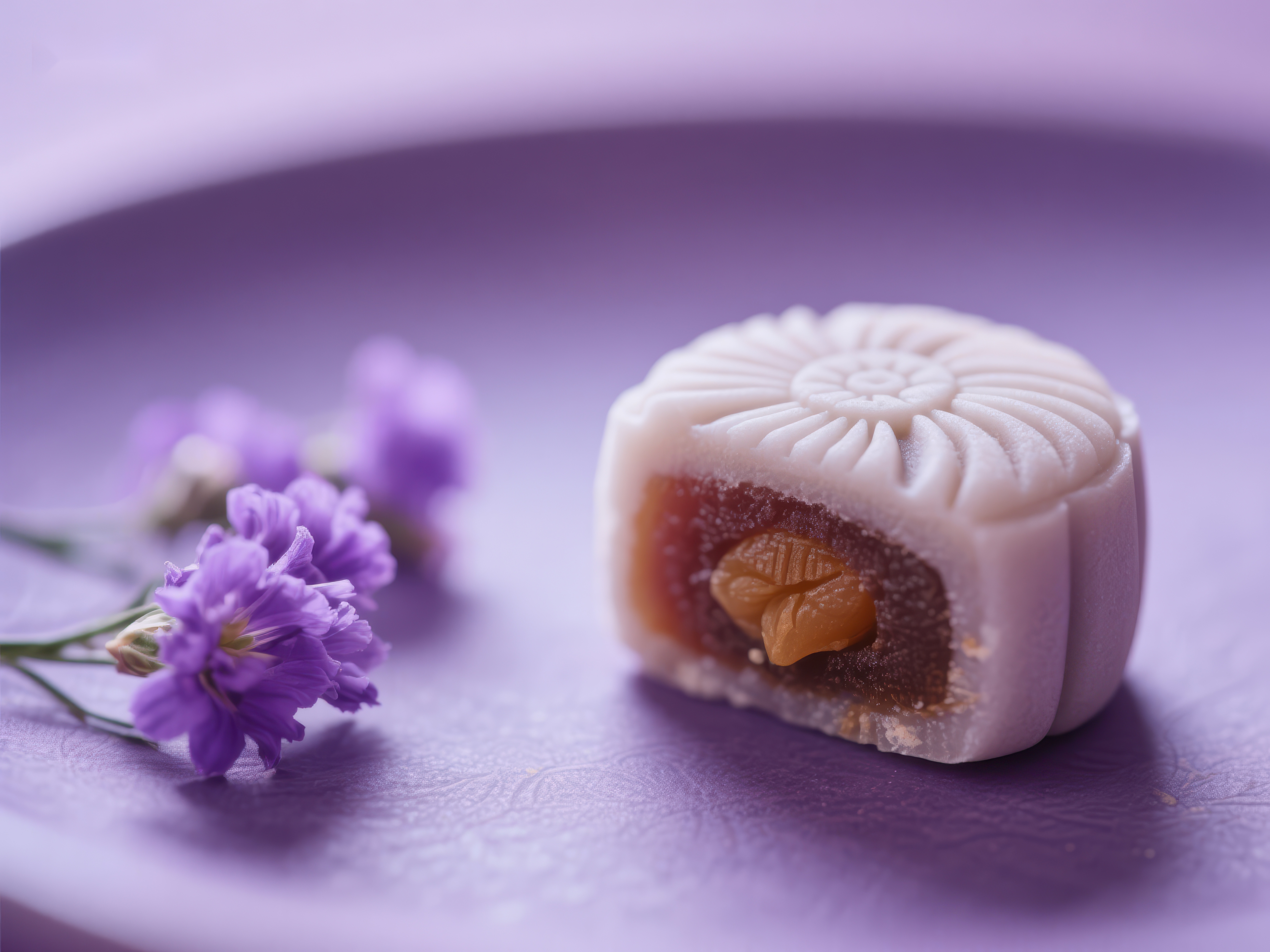 精致月饼与紫色小花的静谧组合素材