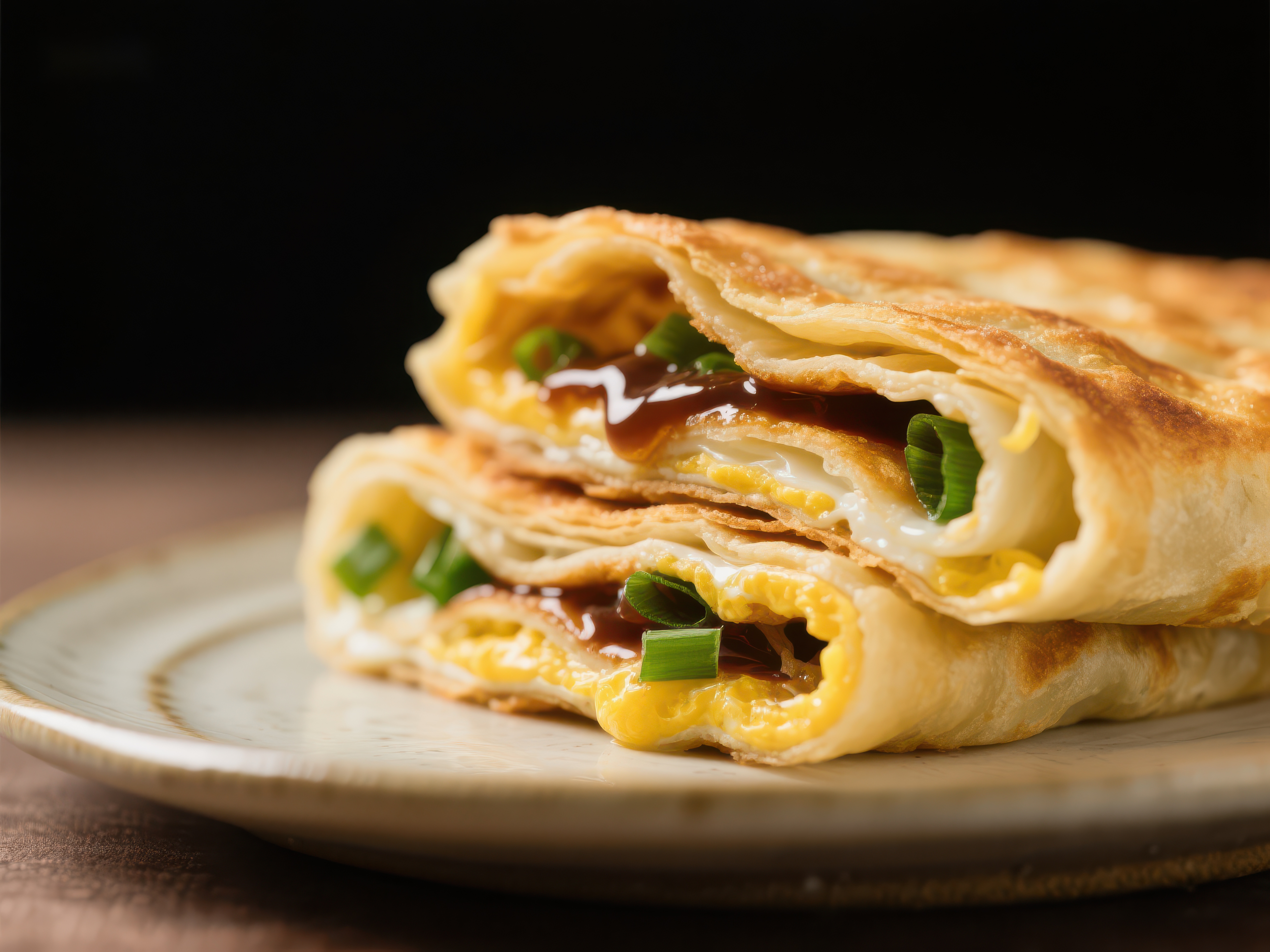 煎饼果子美味早餐的诱人特写素材