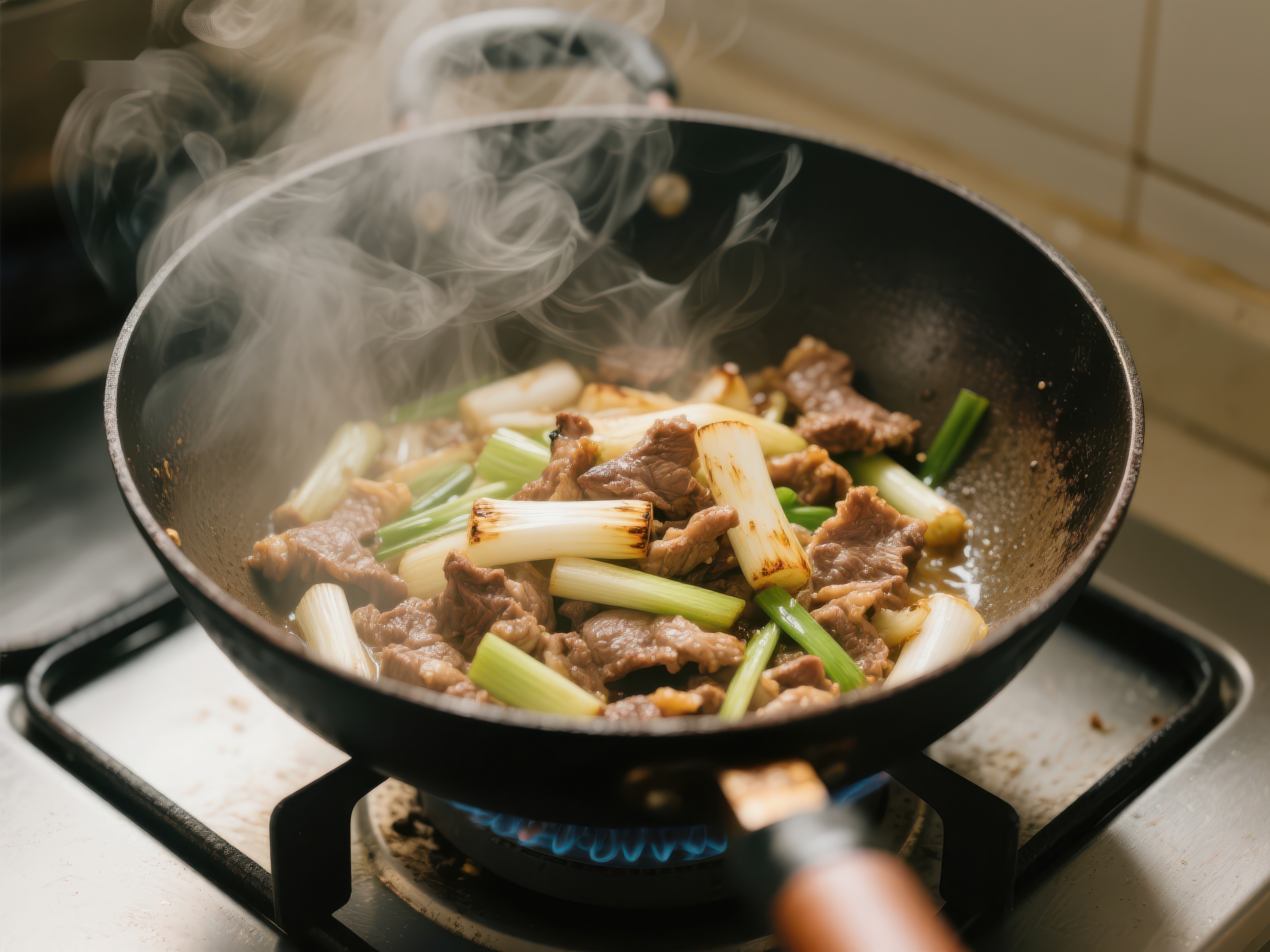 热炒牛肉与葱段在锅中翻炒素材