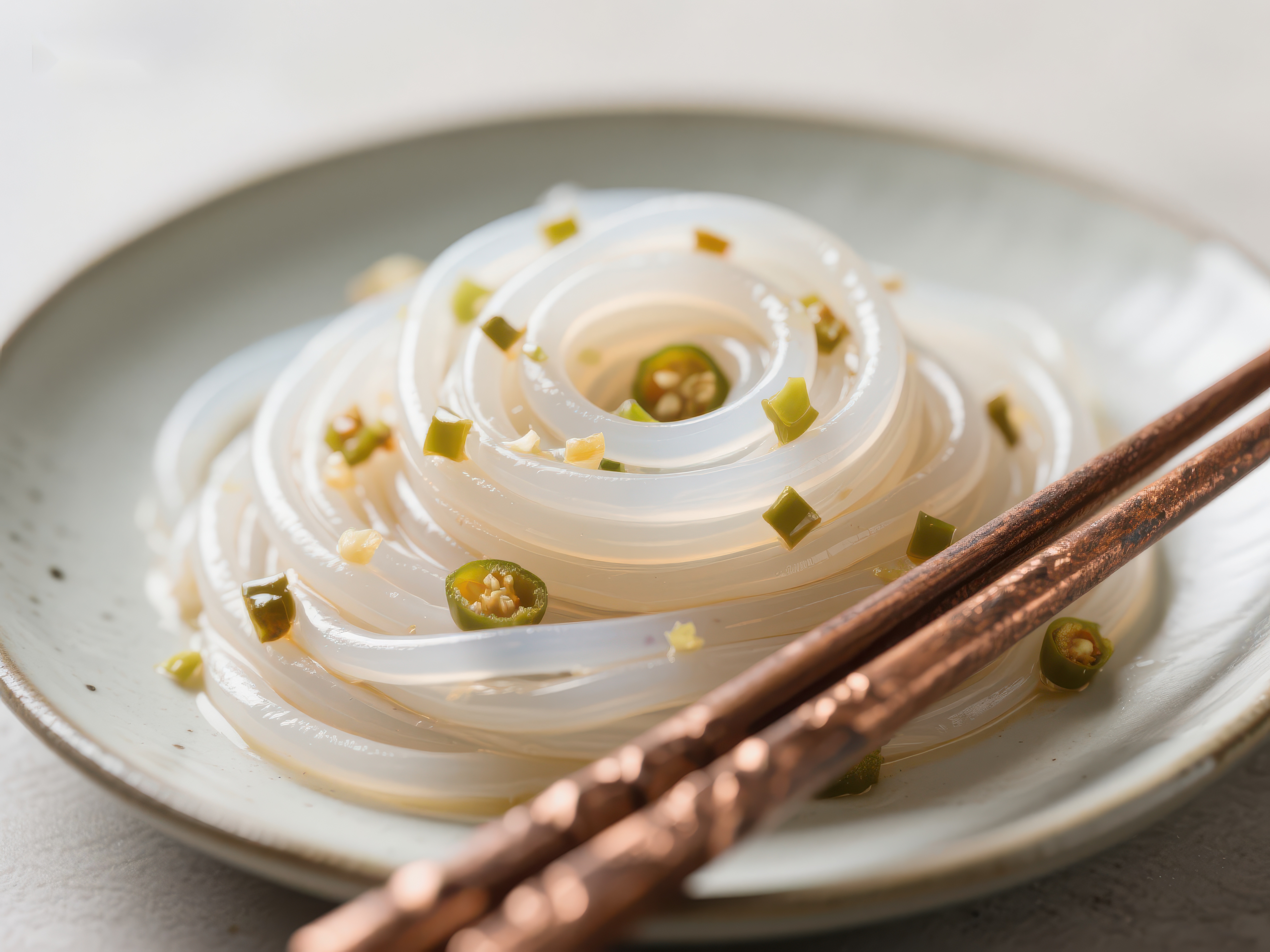 盘中螺旋状透明面条配青豆素材