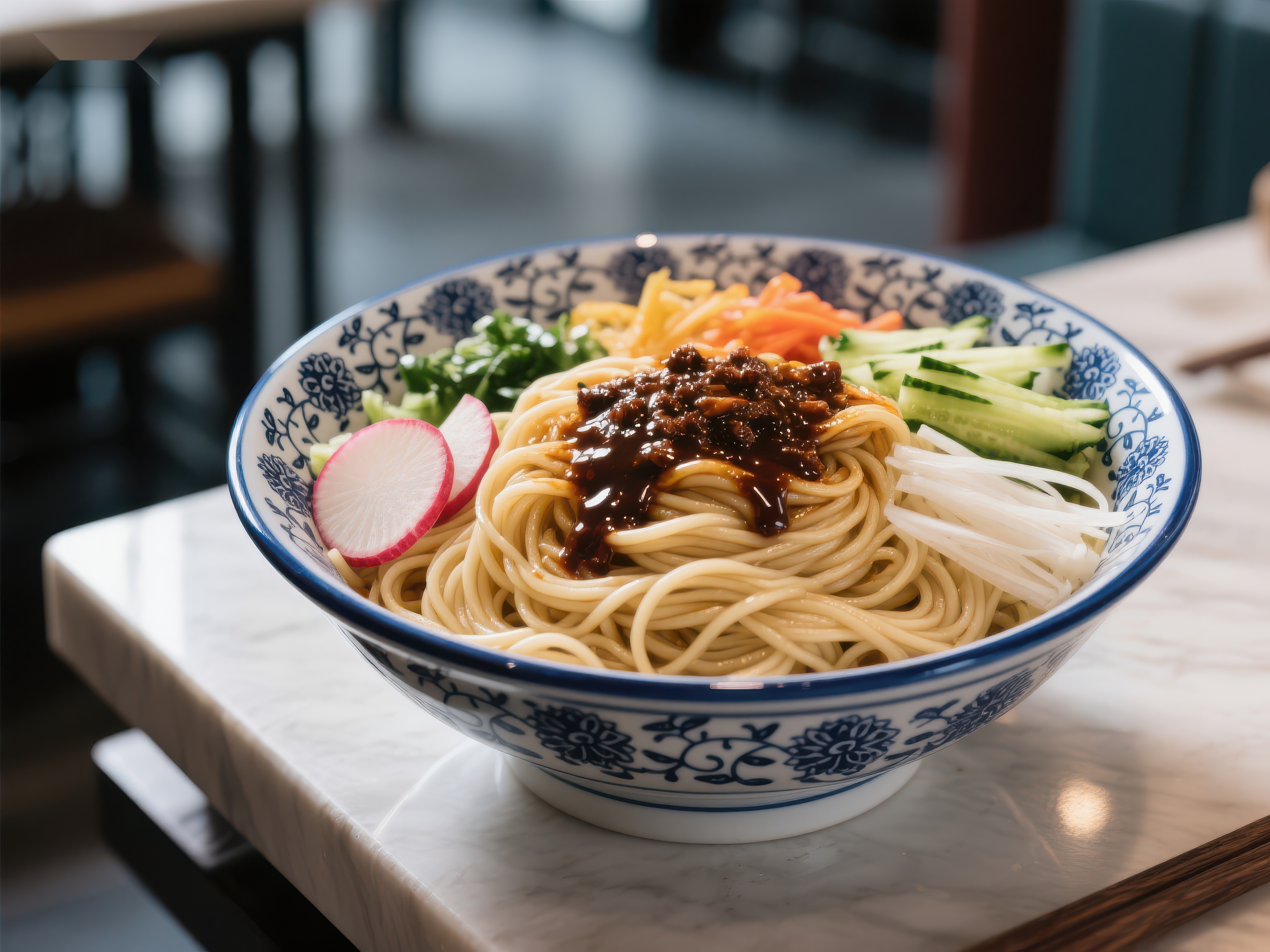一碗美味的面条配蔬菜和酱料素材