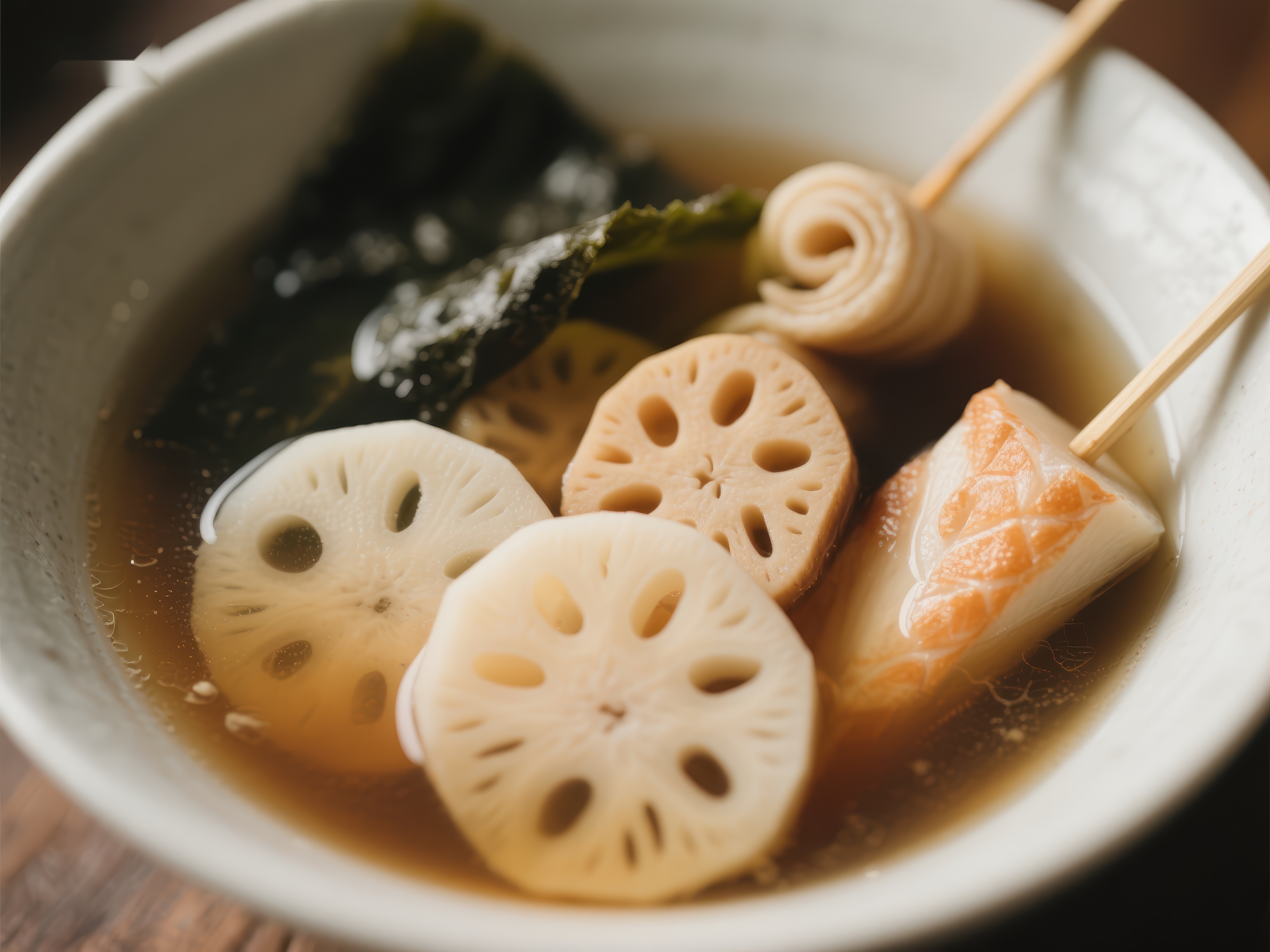 日式清汤配莲藕与鱼糕素材