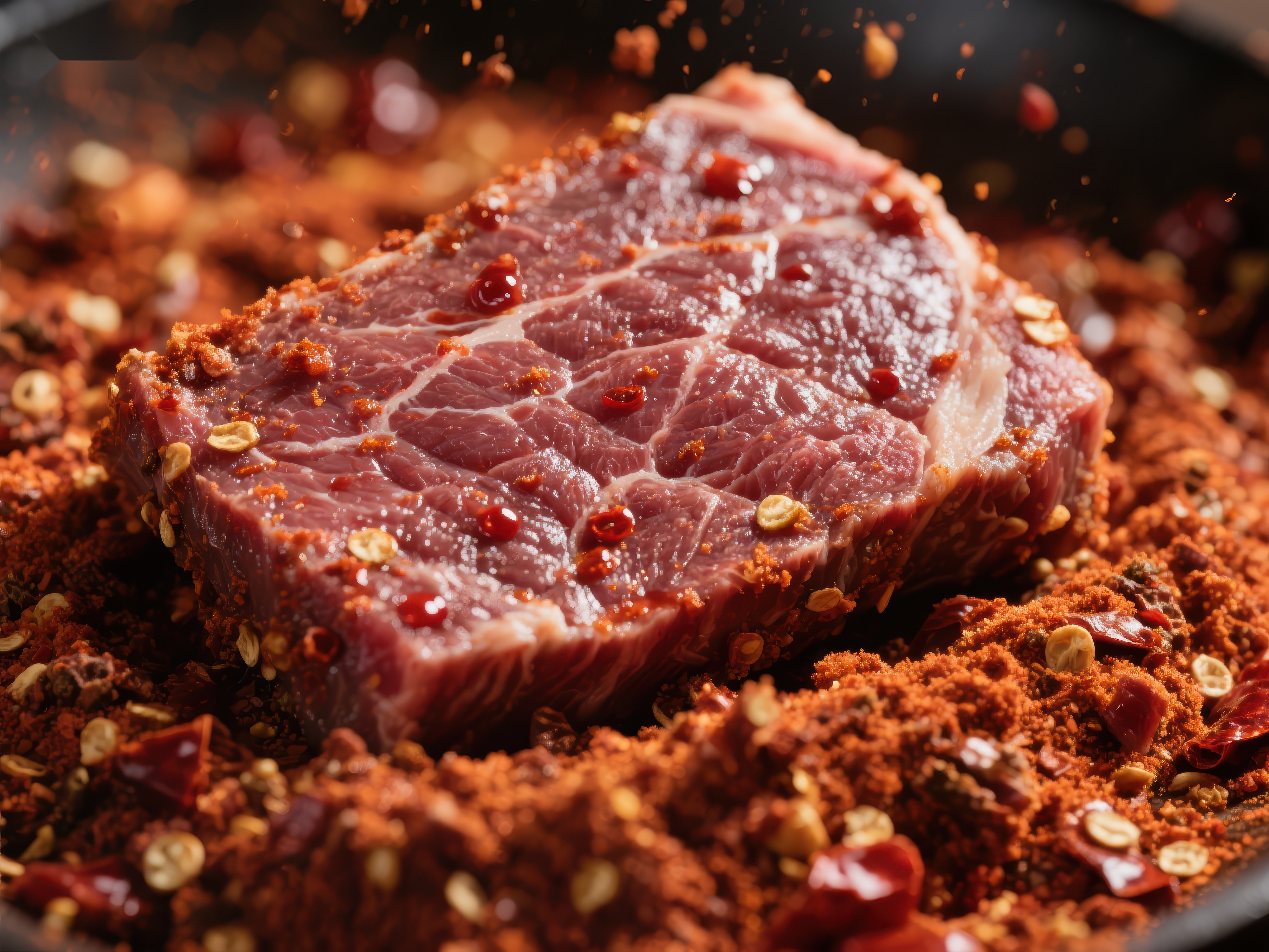 香辣调料中的鲜嫩牛肉素材