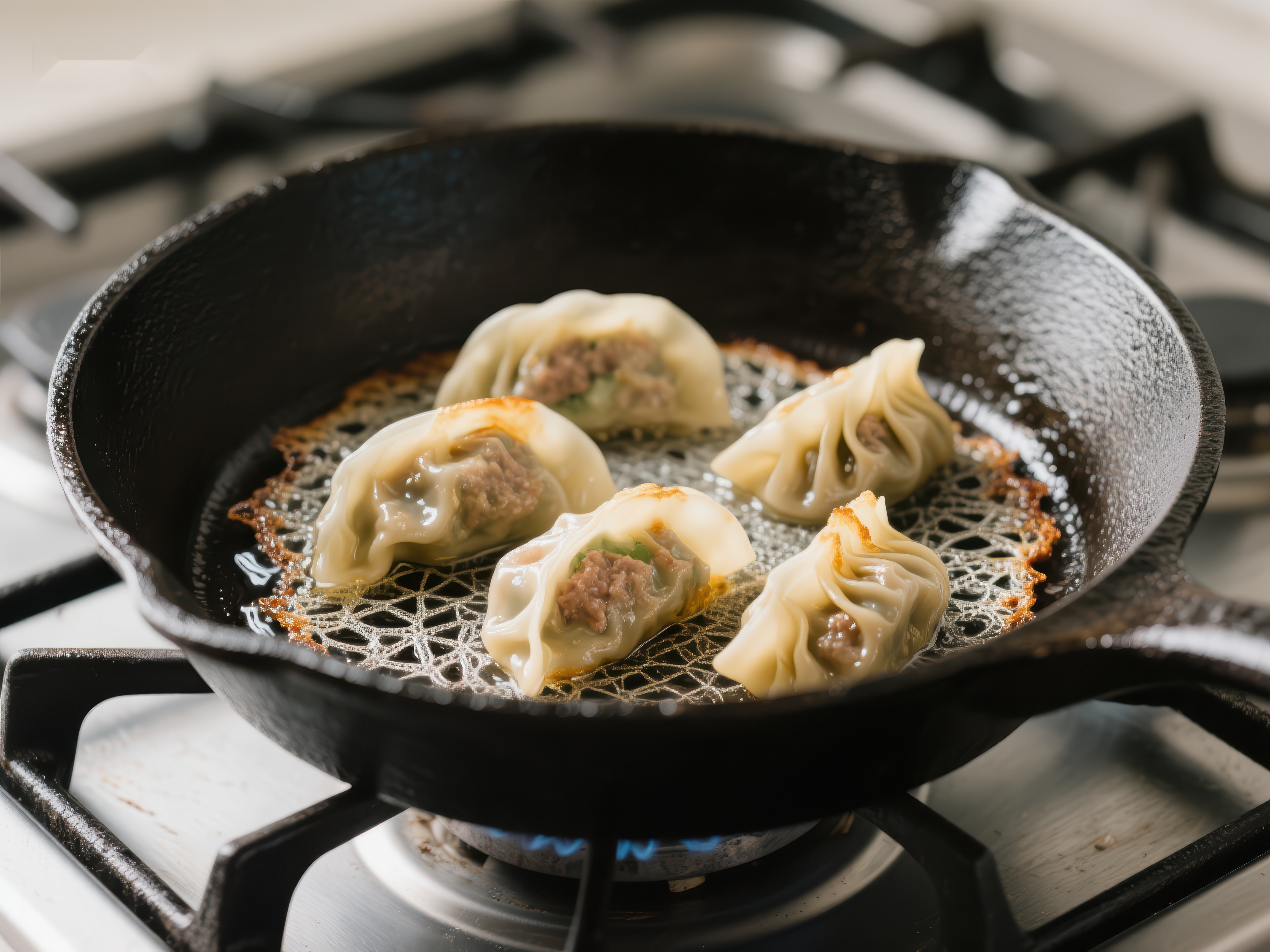 锅中煎制的美味饺子素材