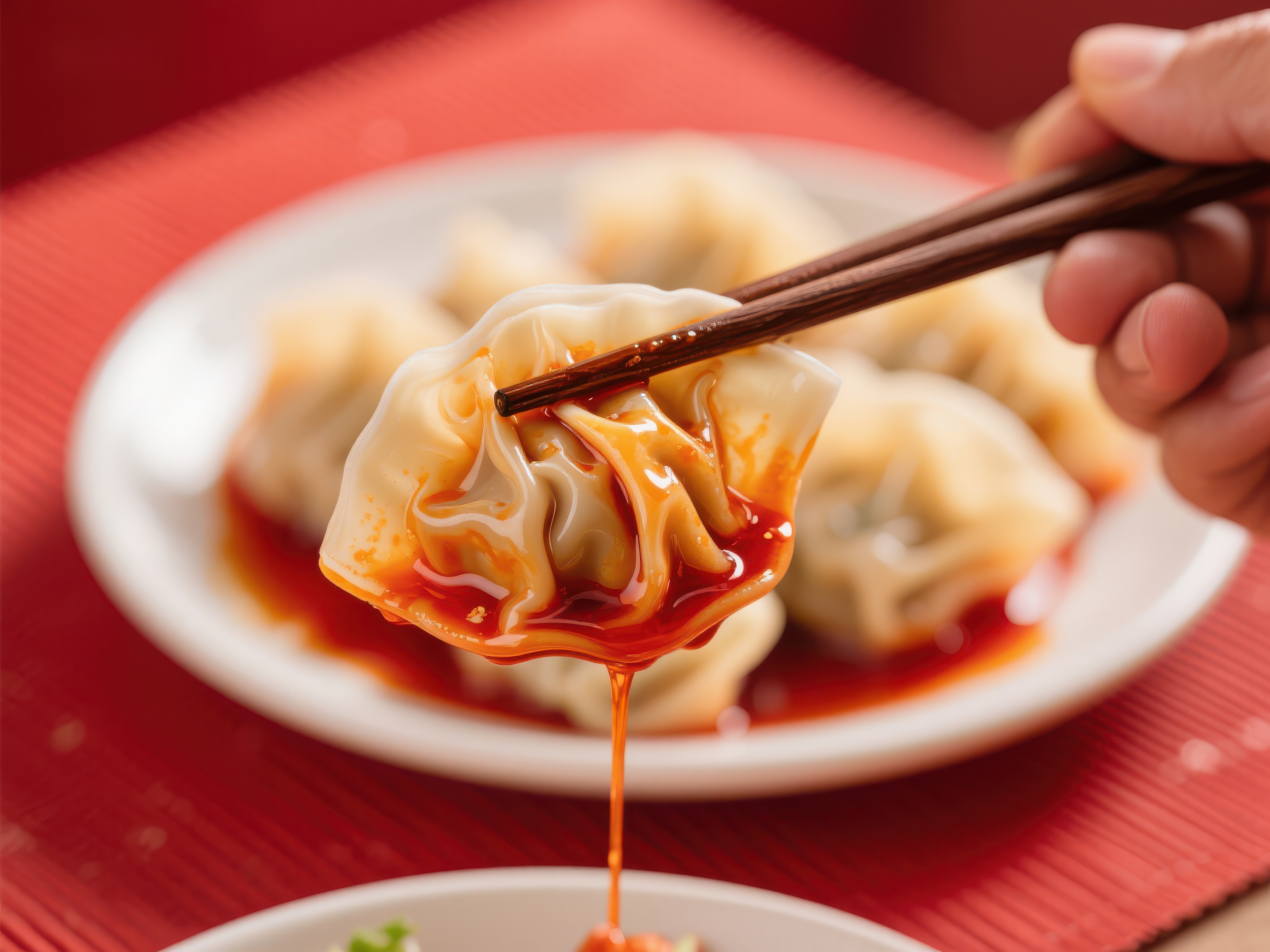 筷子夹起蘸有辣椒油的饺子素材