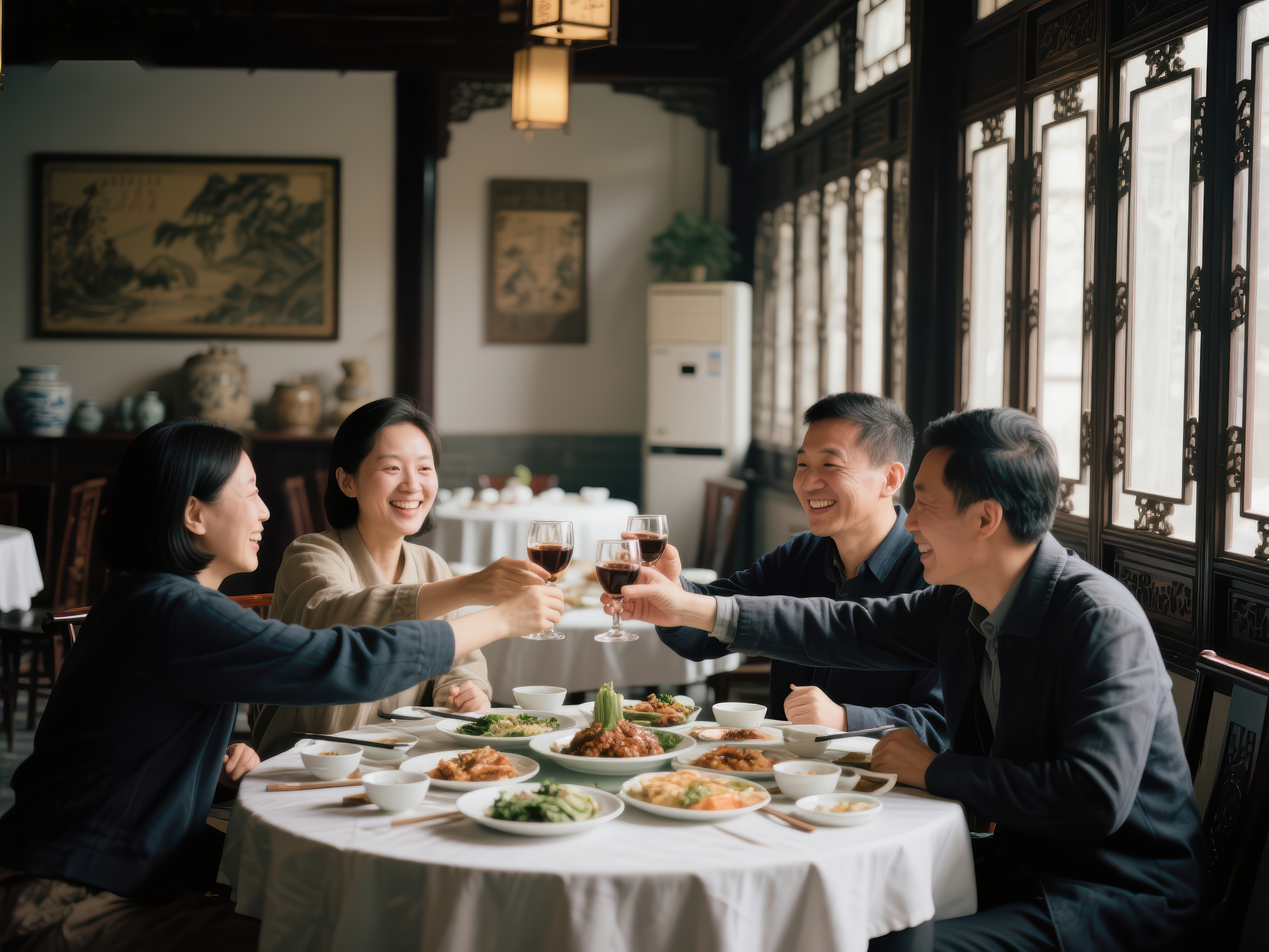 四人围桌举杯共饮共享美食素材