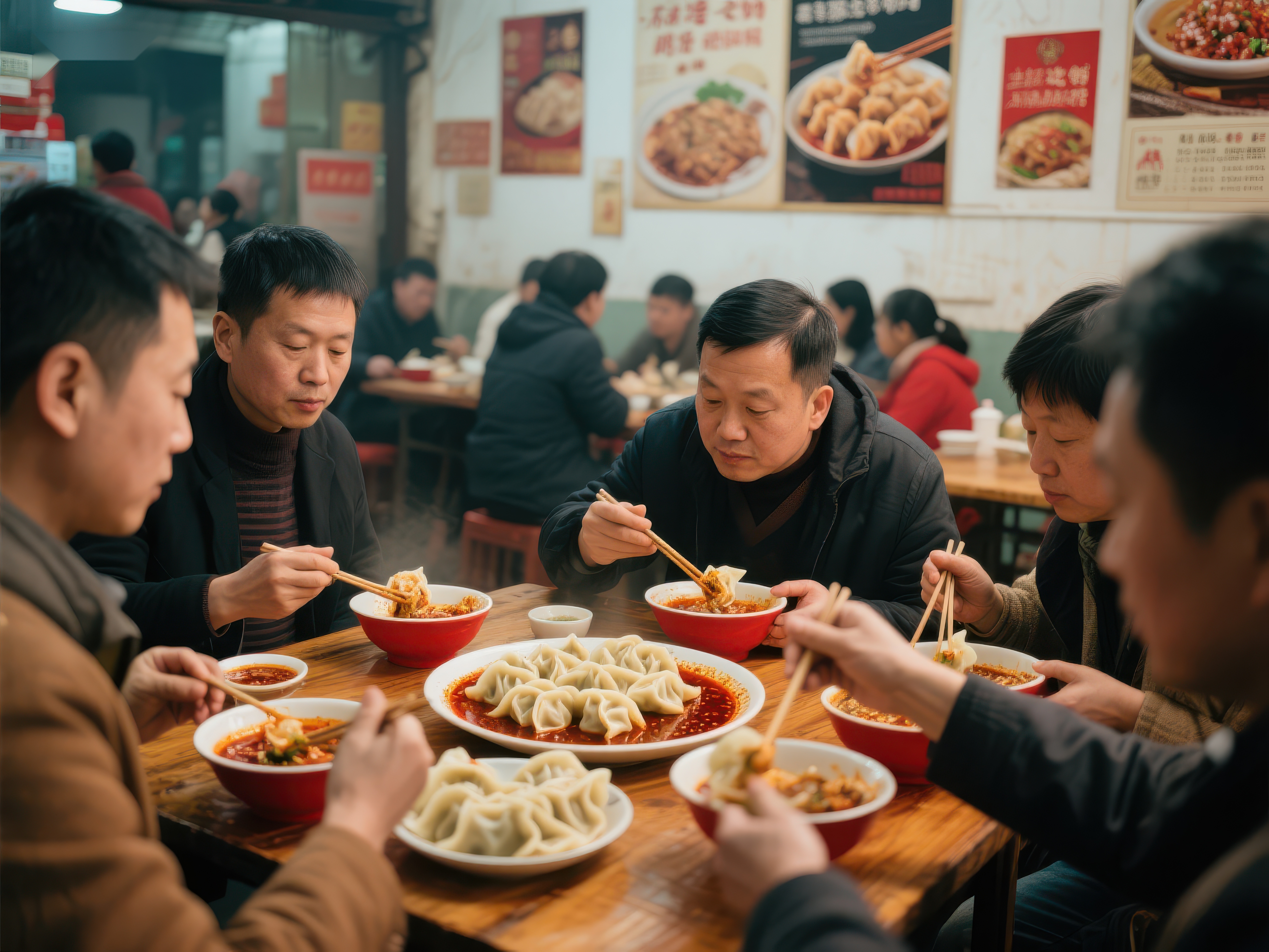人们在餐馆享用热腾腾的饺子和面条素材