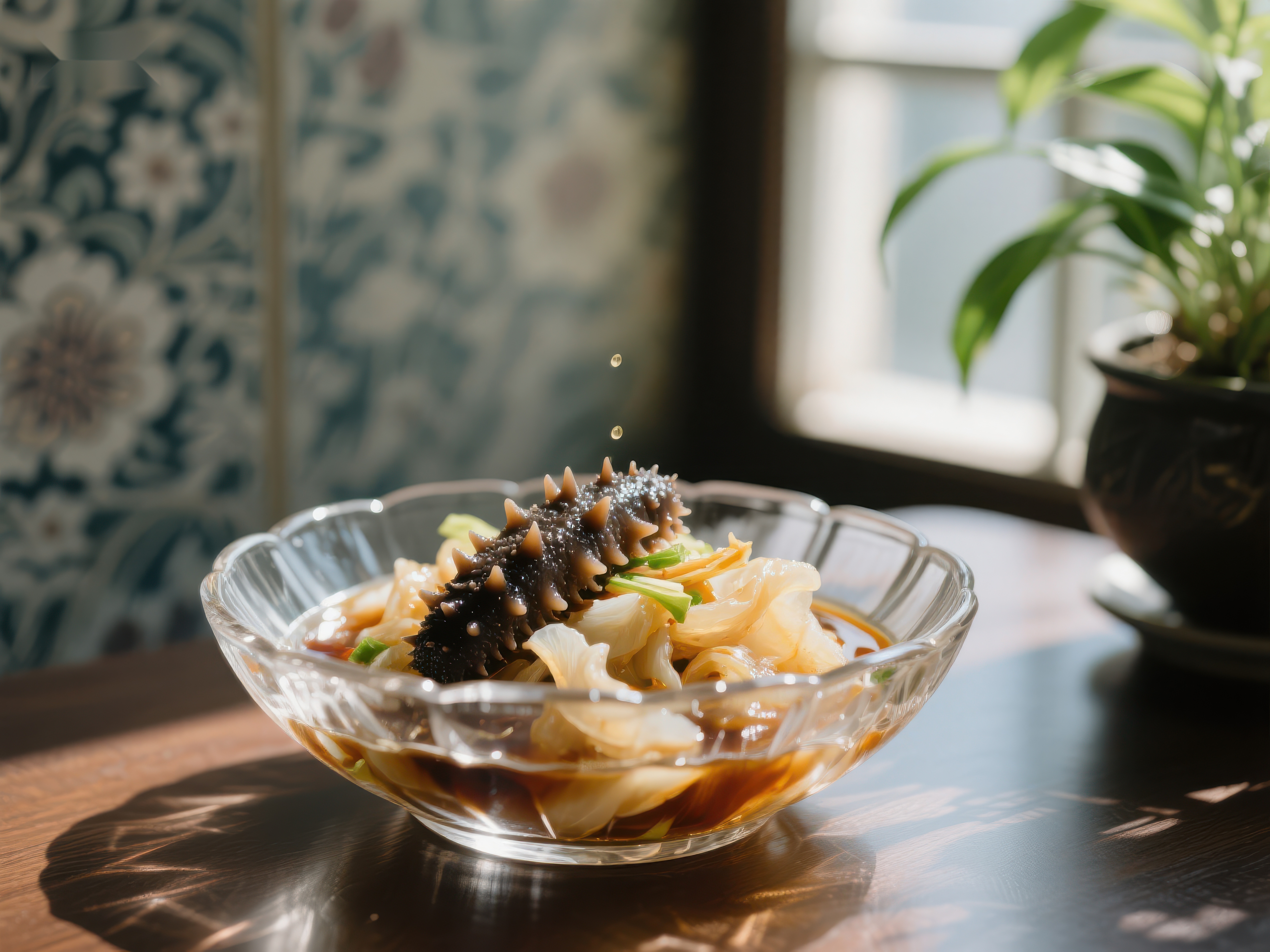 精致海参拌菜阳光洒落的餐桌素材