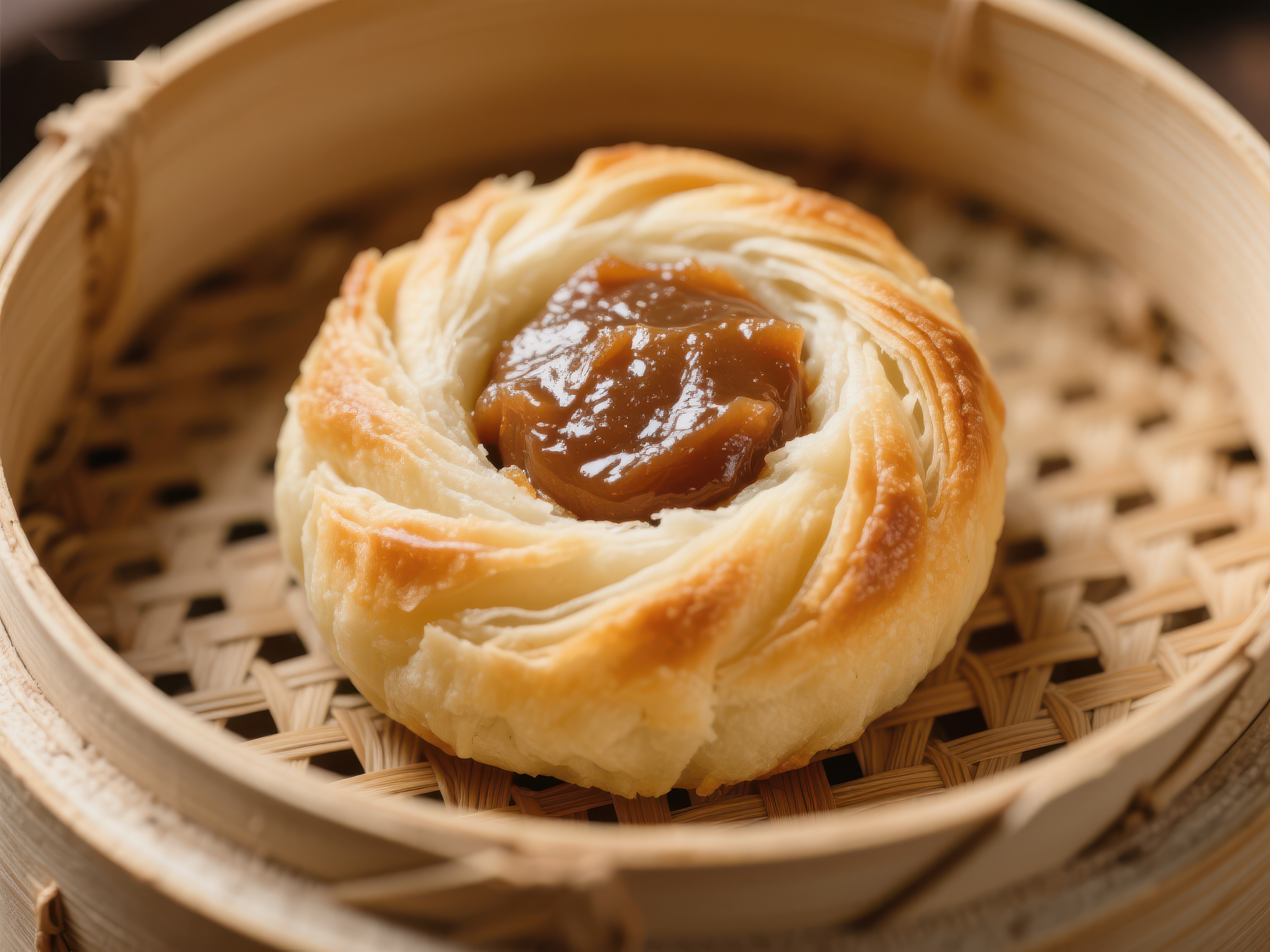 金黄酥皮点心置于竹蒸笼中素材
