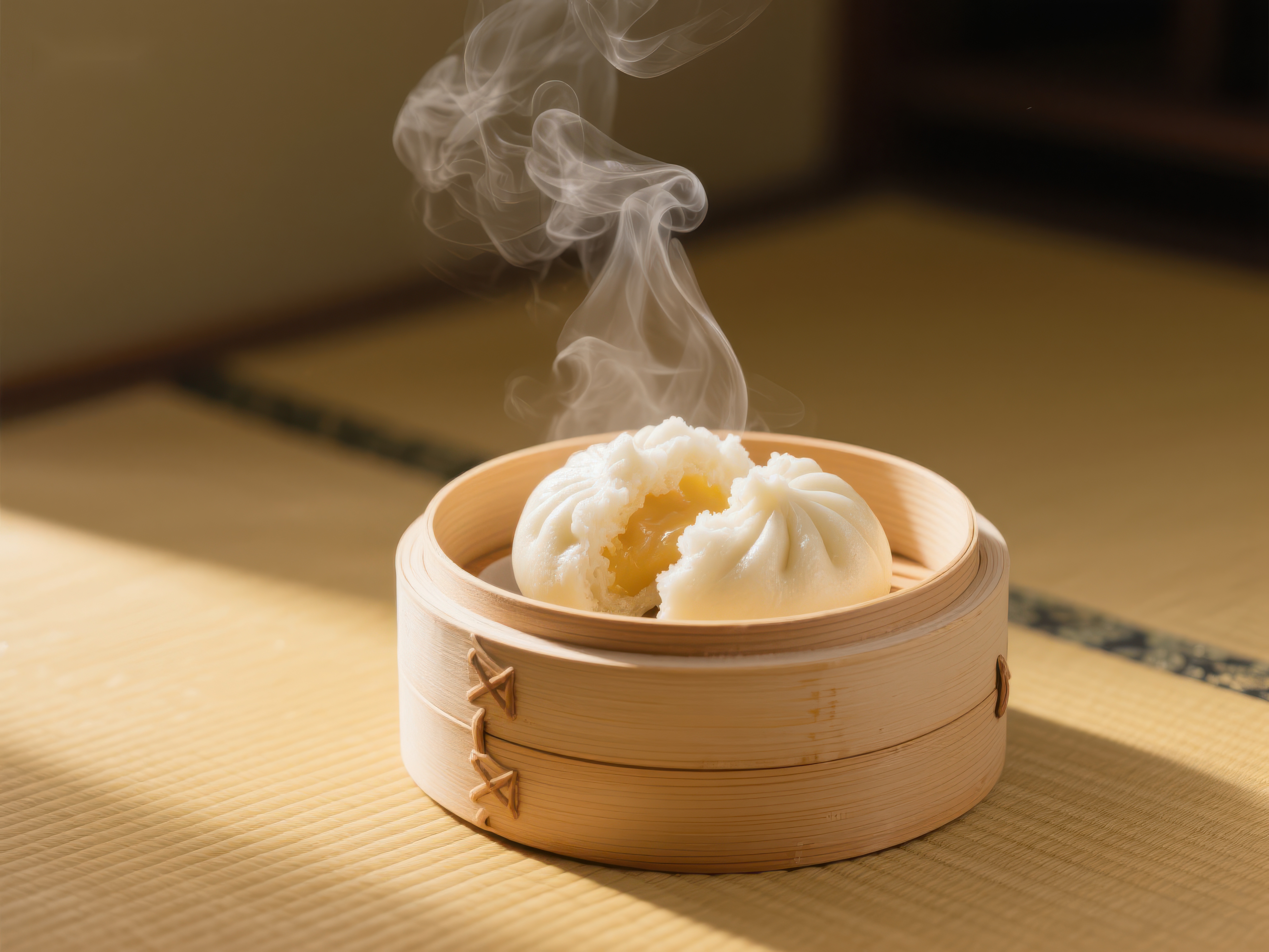 热气腾腾的包子在竹蒸笼中素材