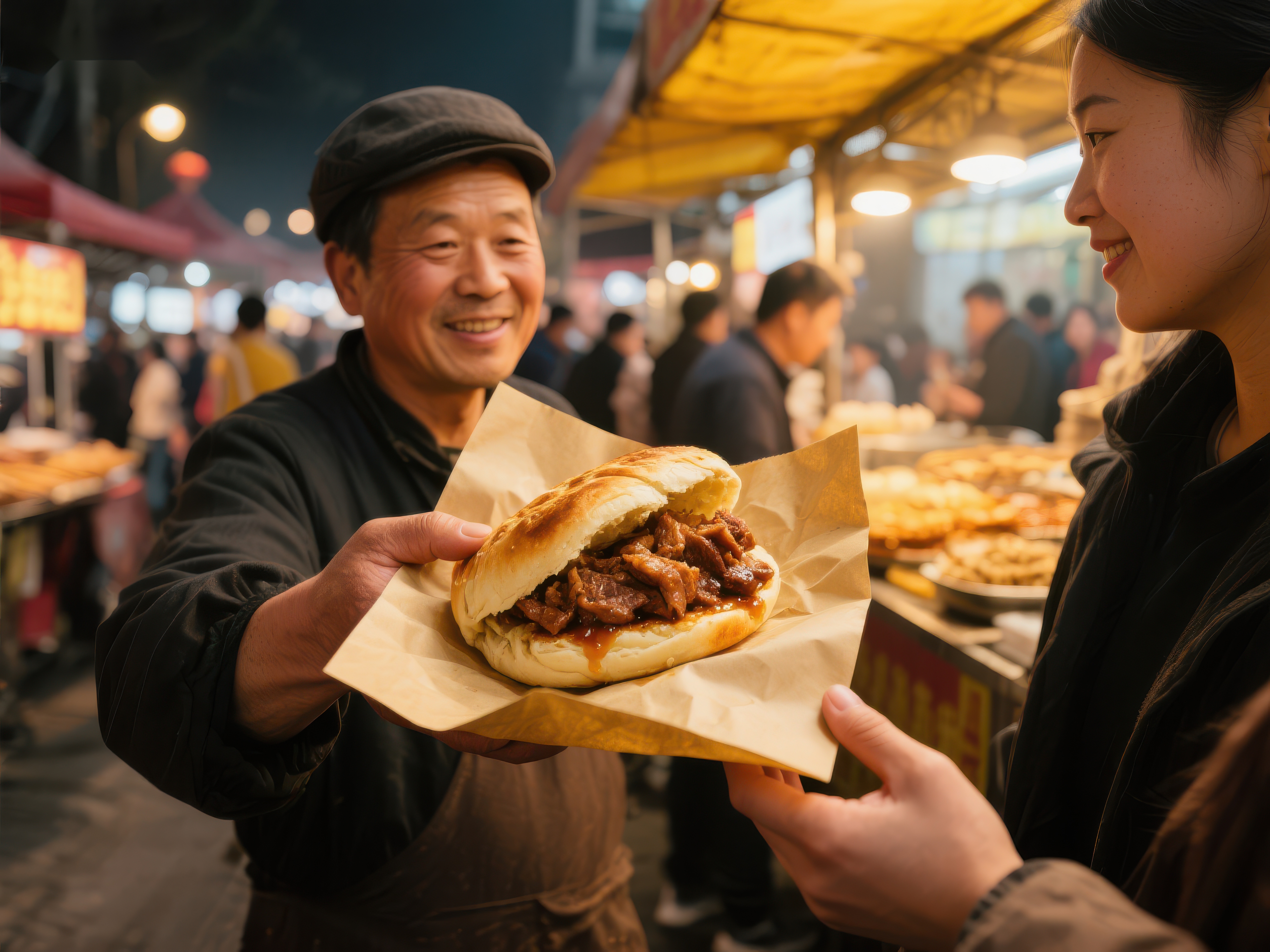 夜市摊主递给顾客美味肉夹馍素材