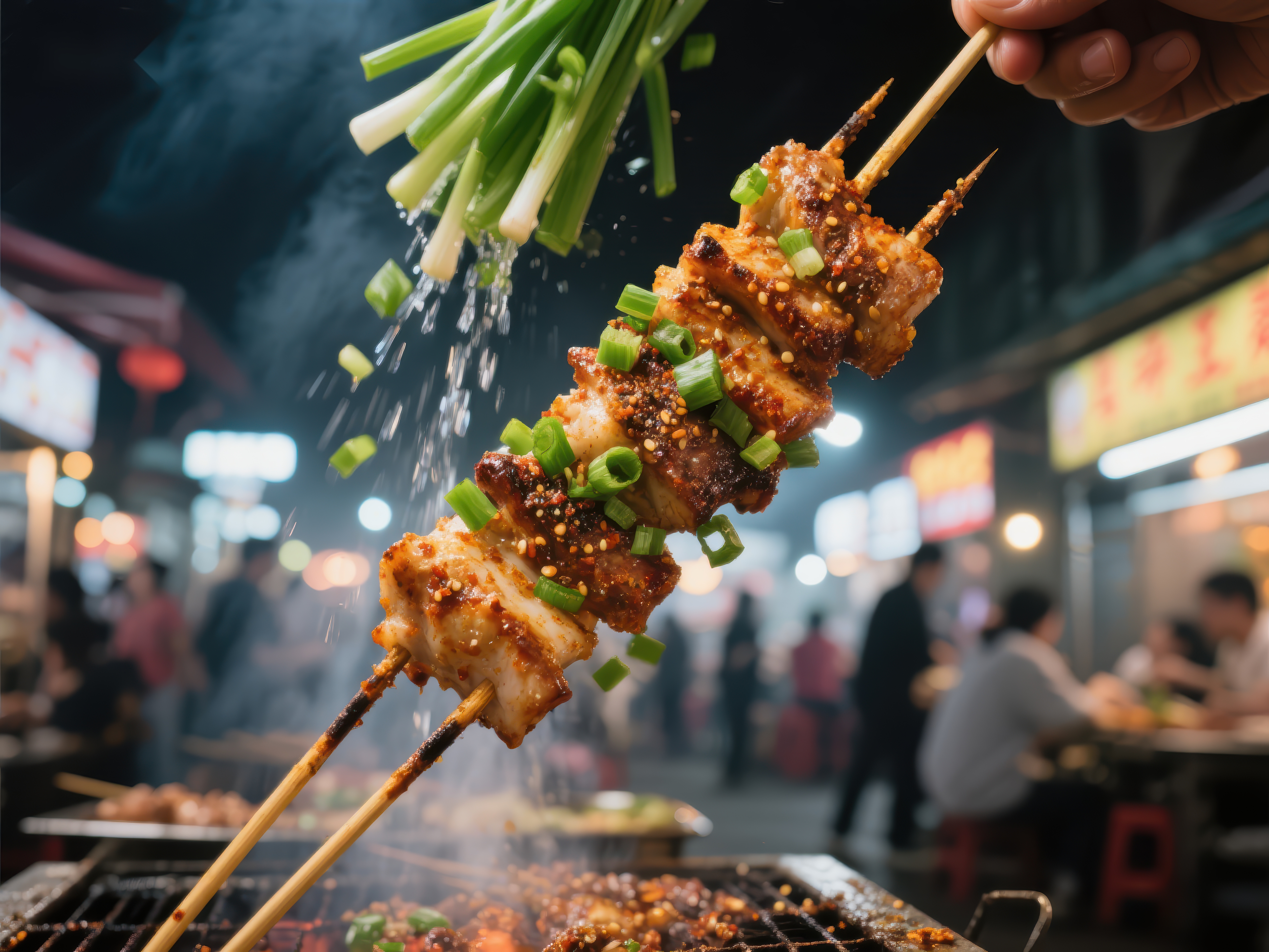 夜市烧烤撒葱花的美味瞬间素材