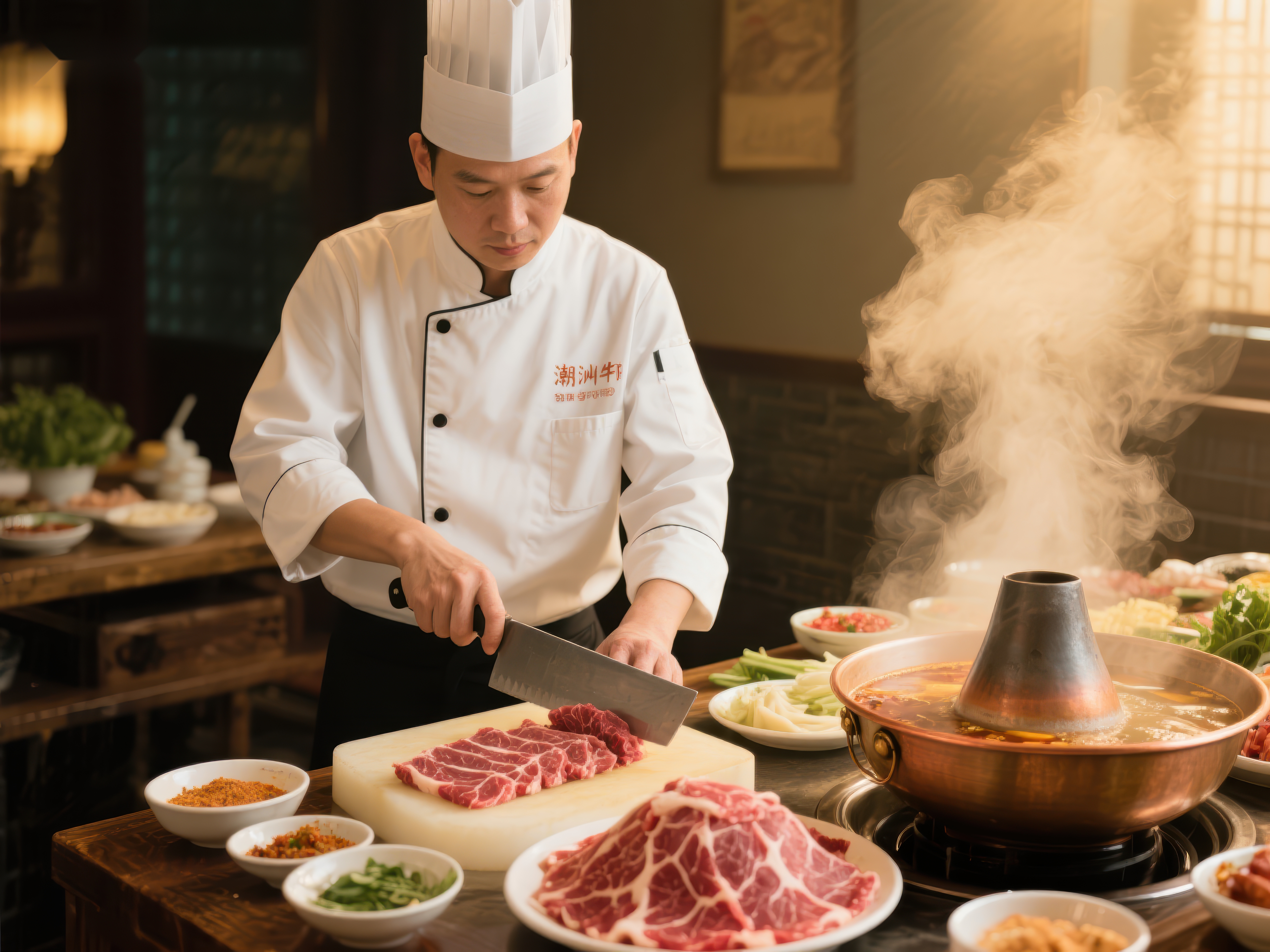 厨师精心准备火锅食材素材