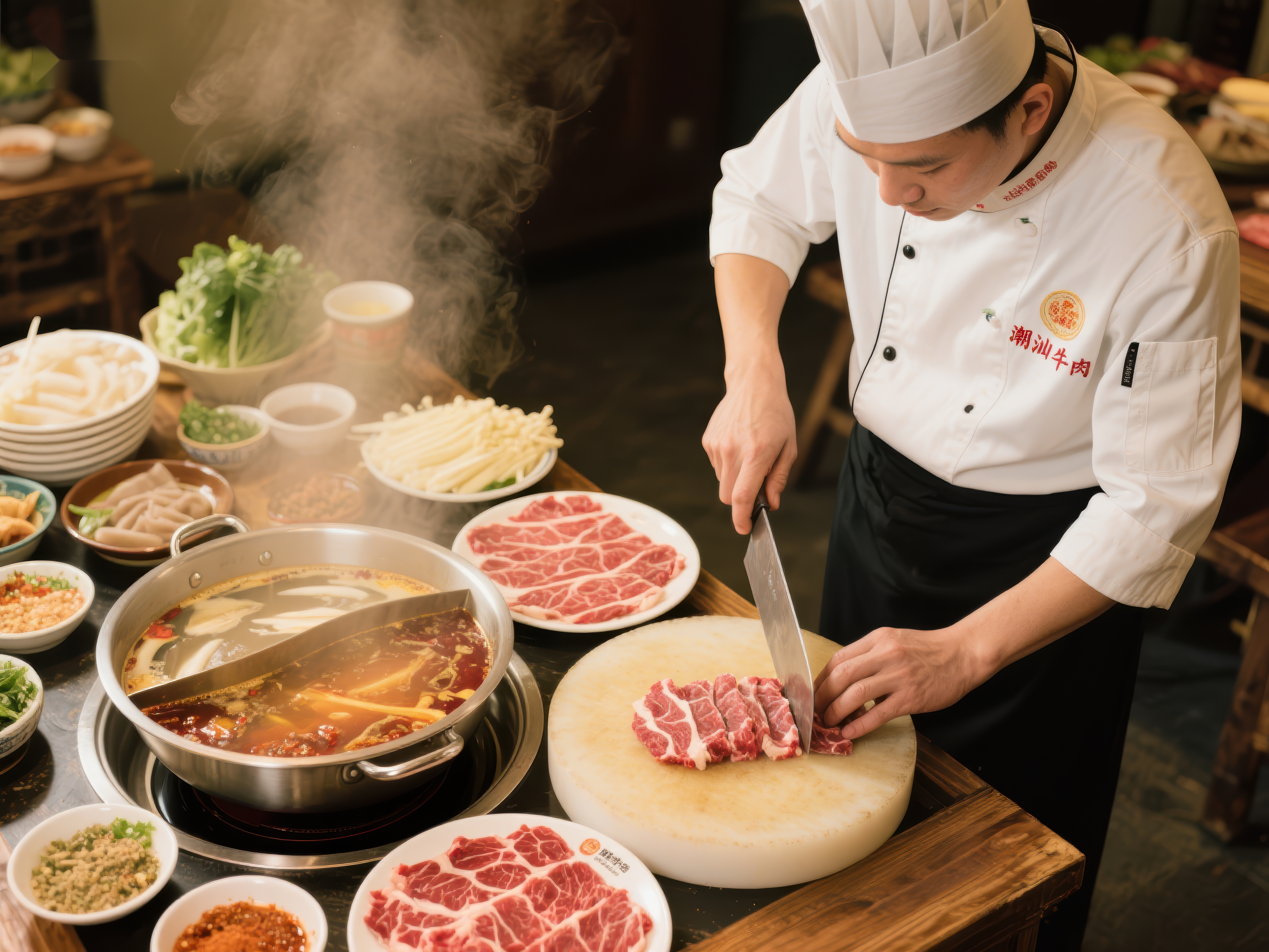厨师切肉准备火锅宴素材