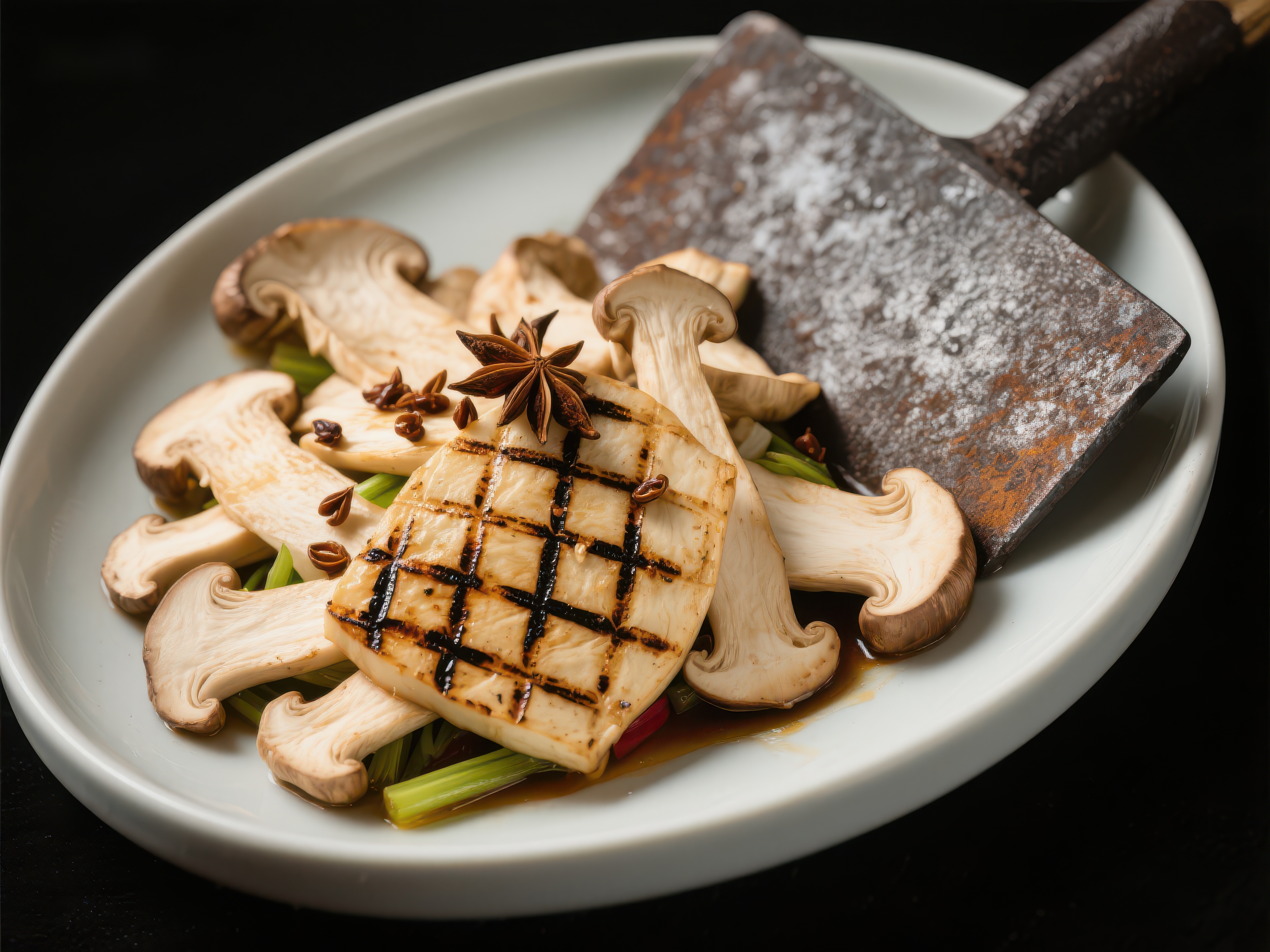 烤肉配蘑菇与香料的精致料理素材