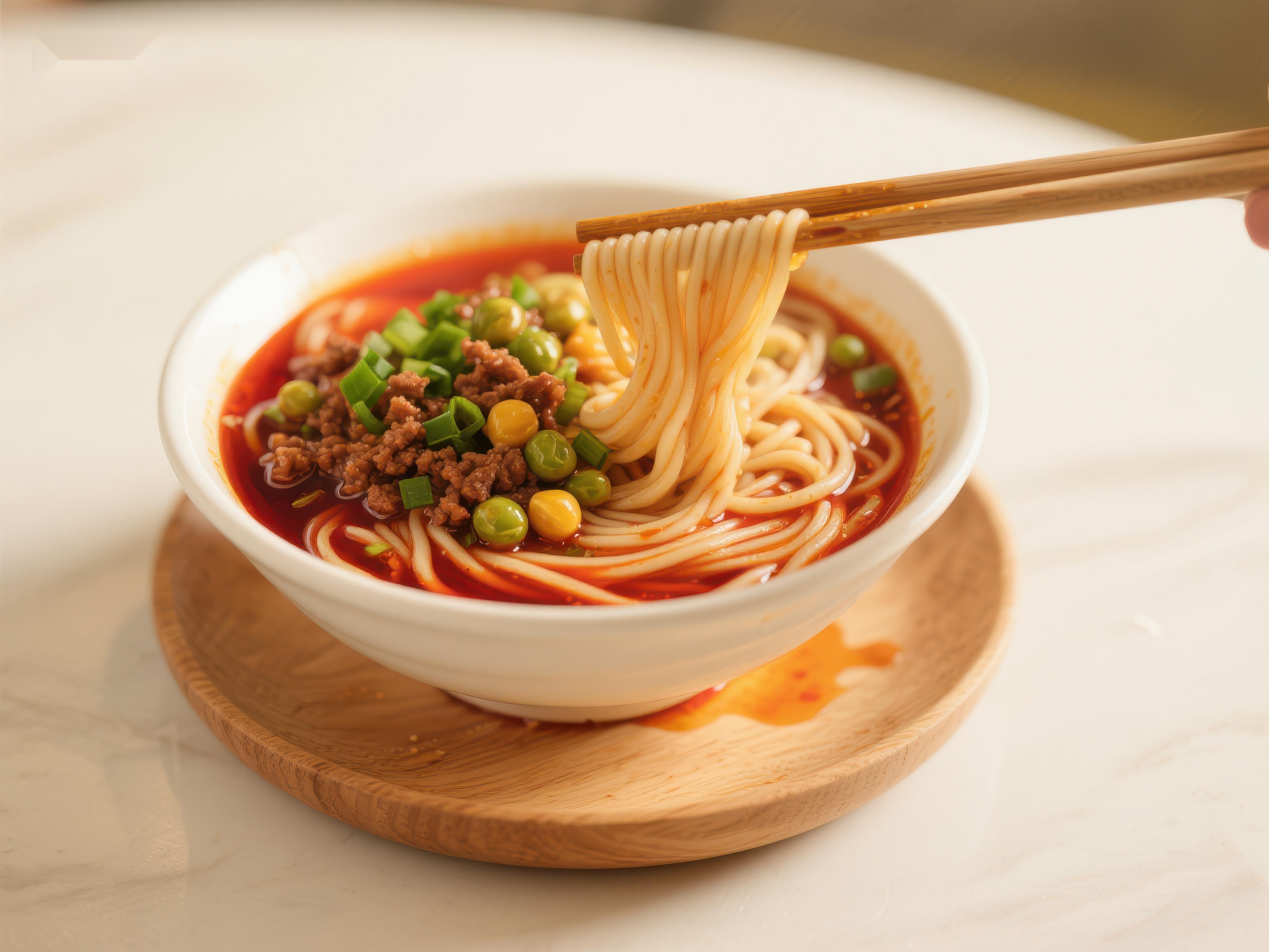 热辣面条配豌豆与肉末素材