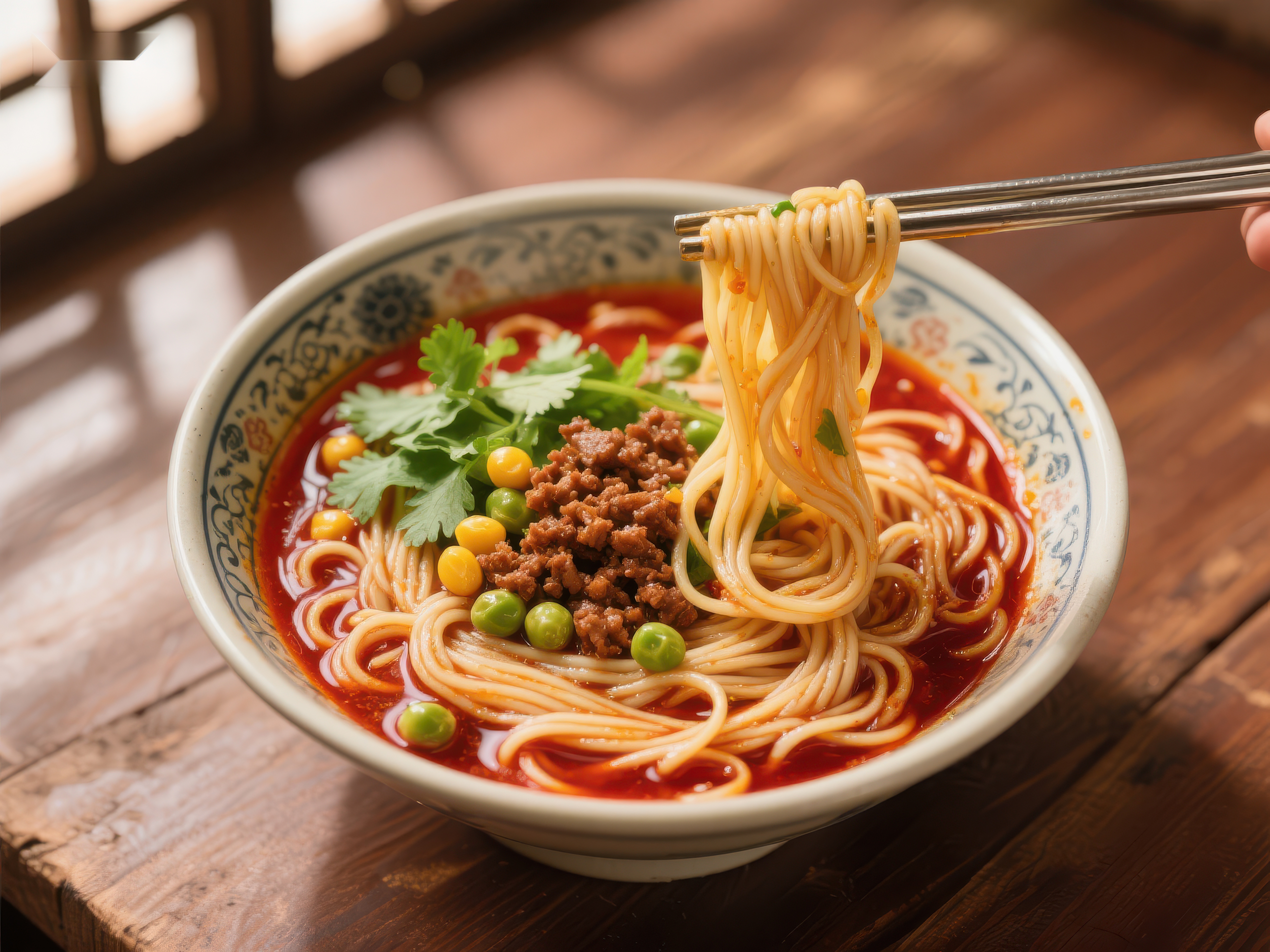 热辣红油拌面筷子挑起面条素材