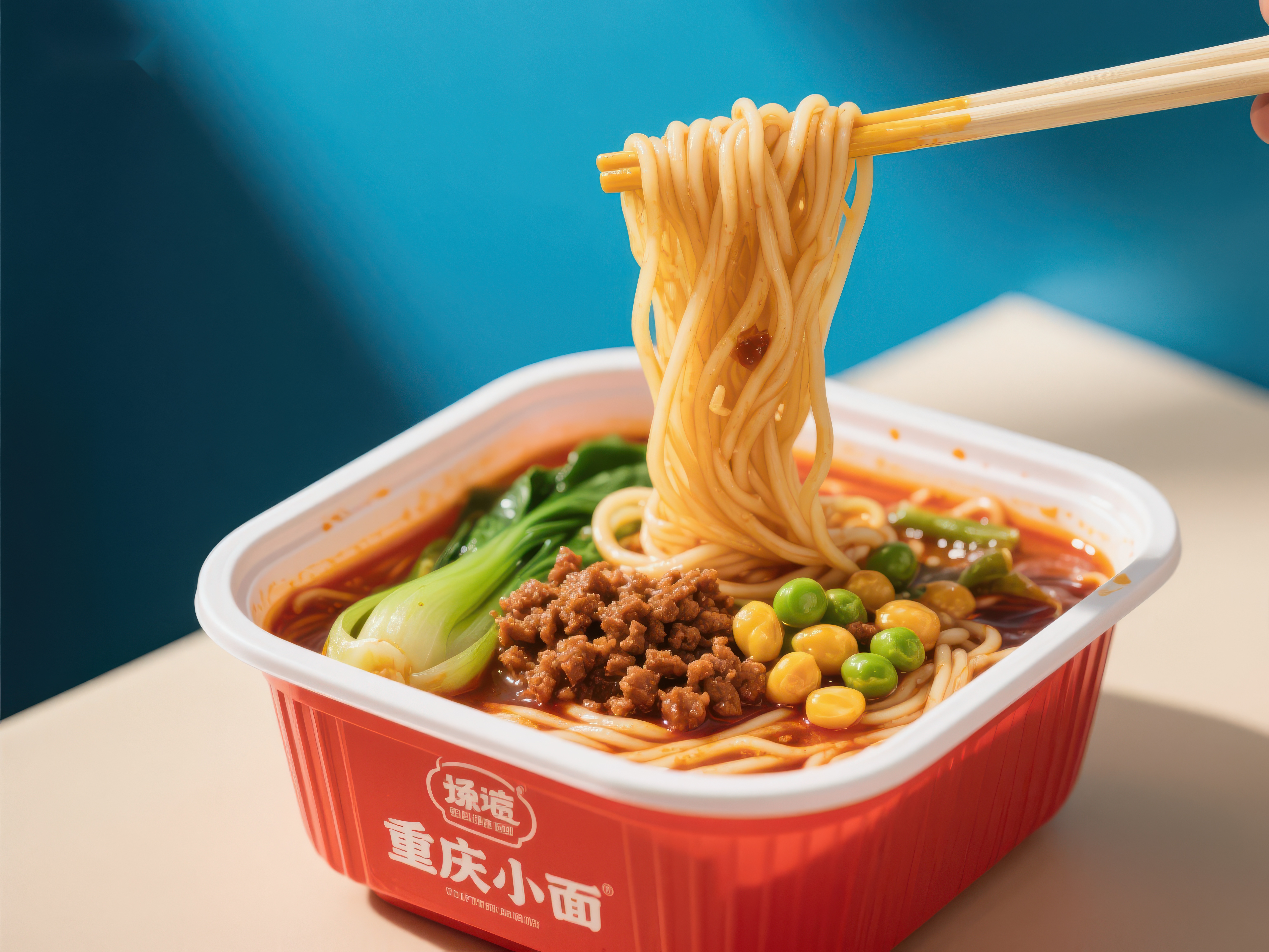 热辣面条配蔬菜与肉末素材