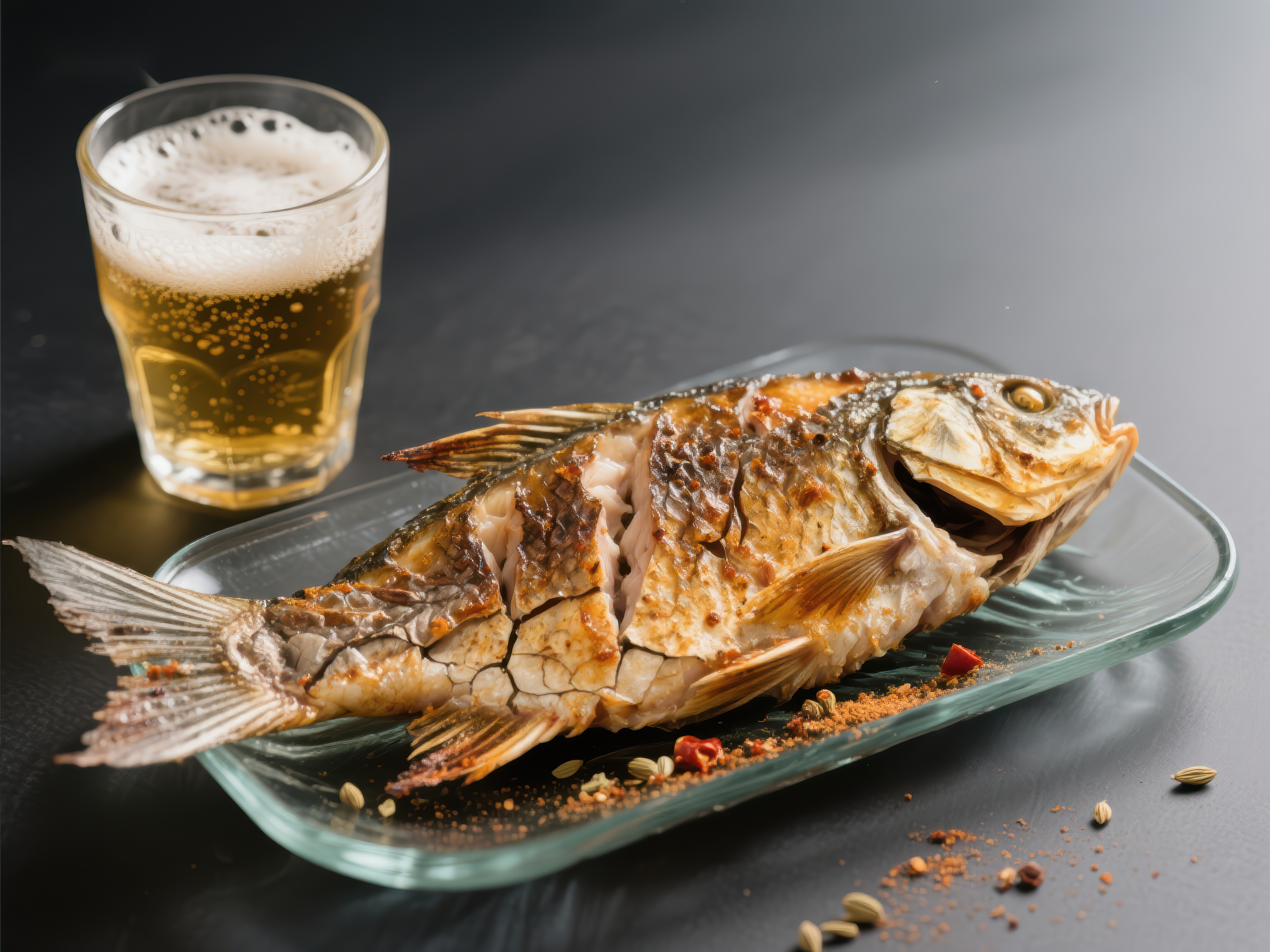 烤鱼配啤酒美味佳肴素材