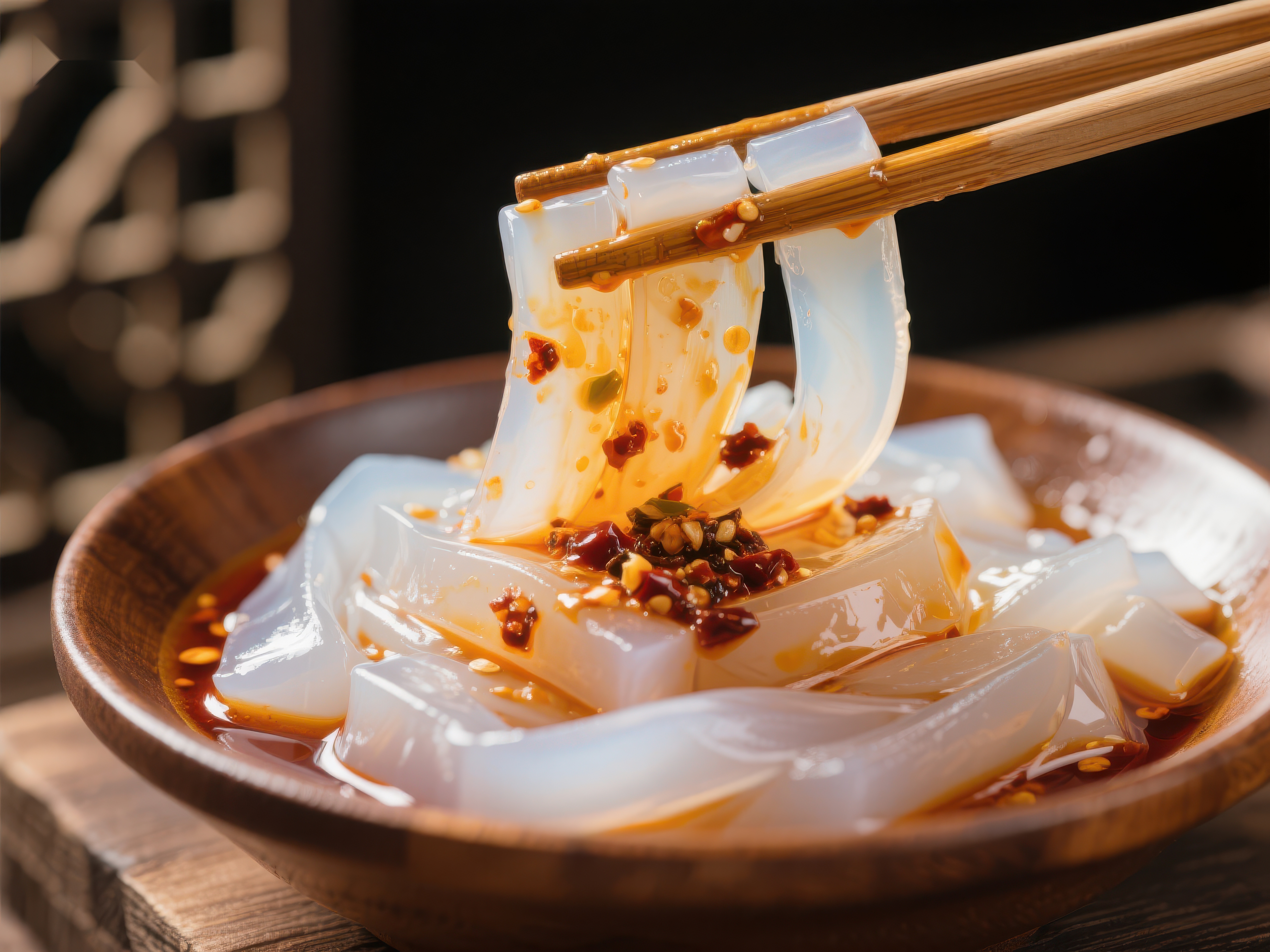 麻辣凉粉筷子夹起的美味瞬间素材