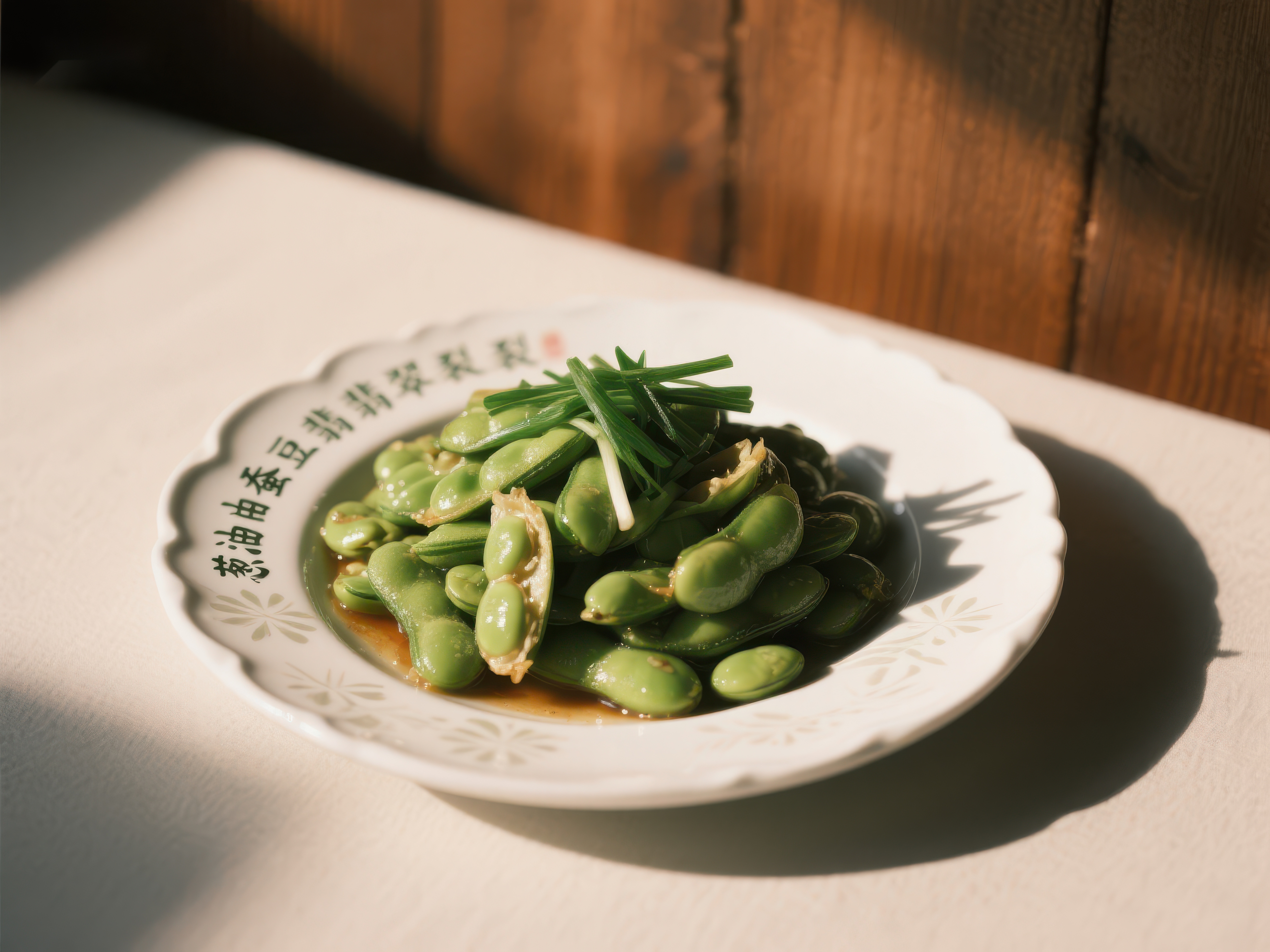 清炒毛豆配葱段盘中美食素材