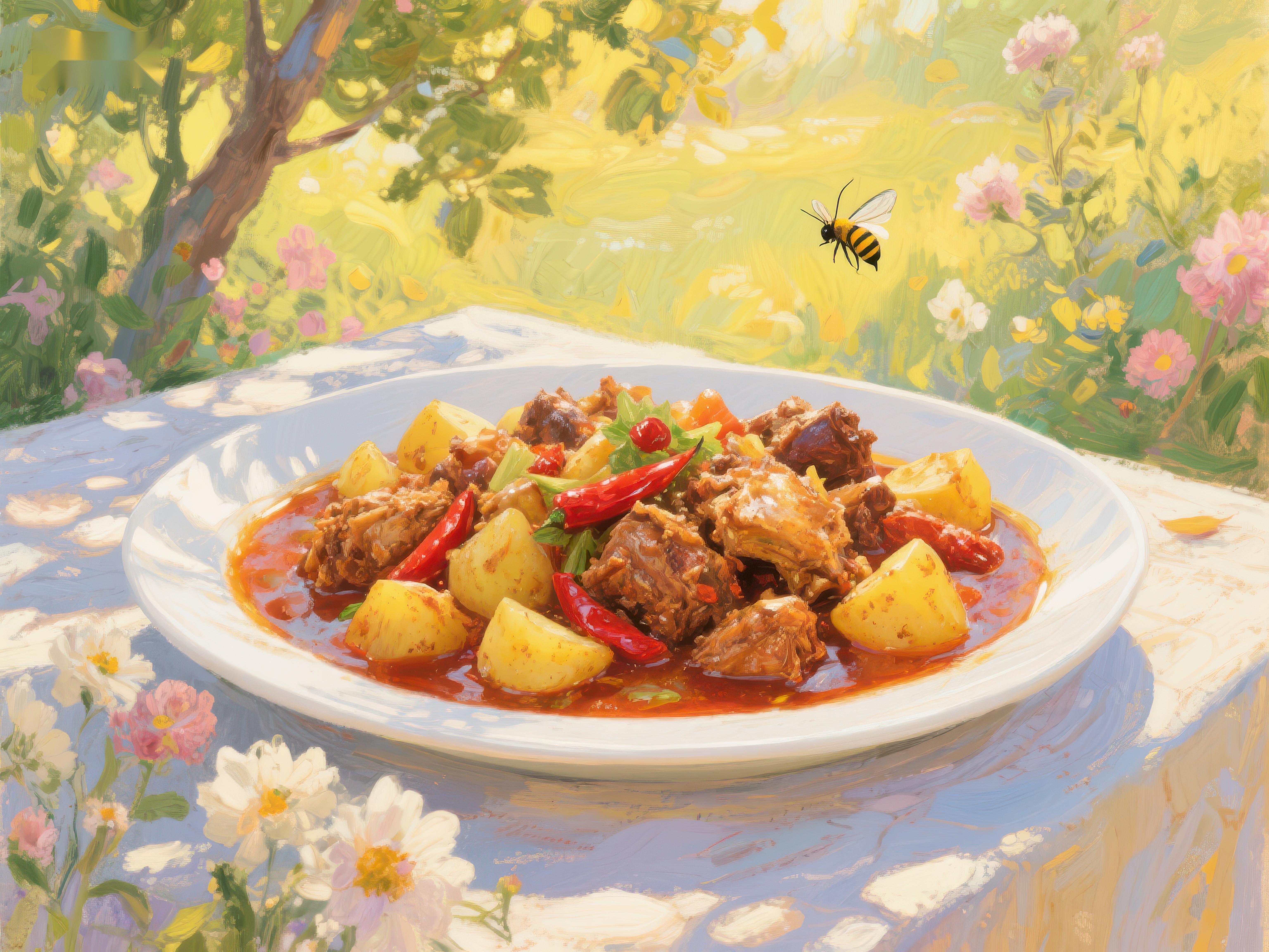 户外餐桌上的美味炖菜素材