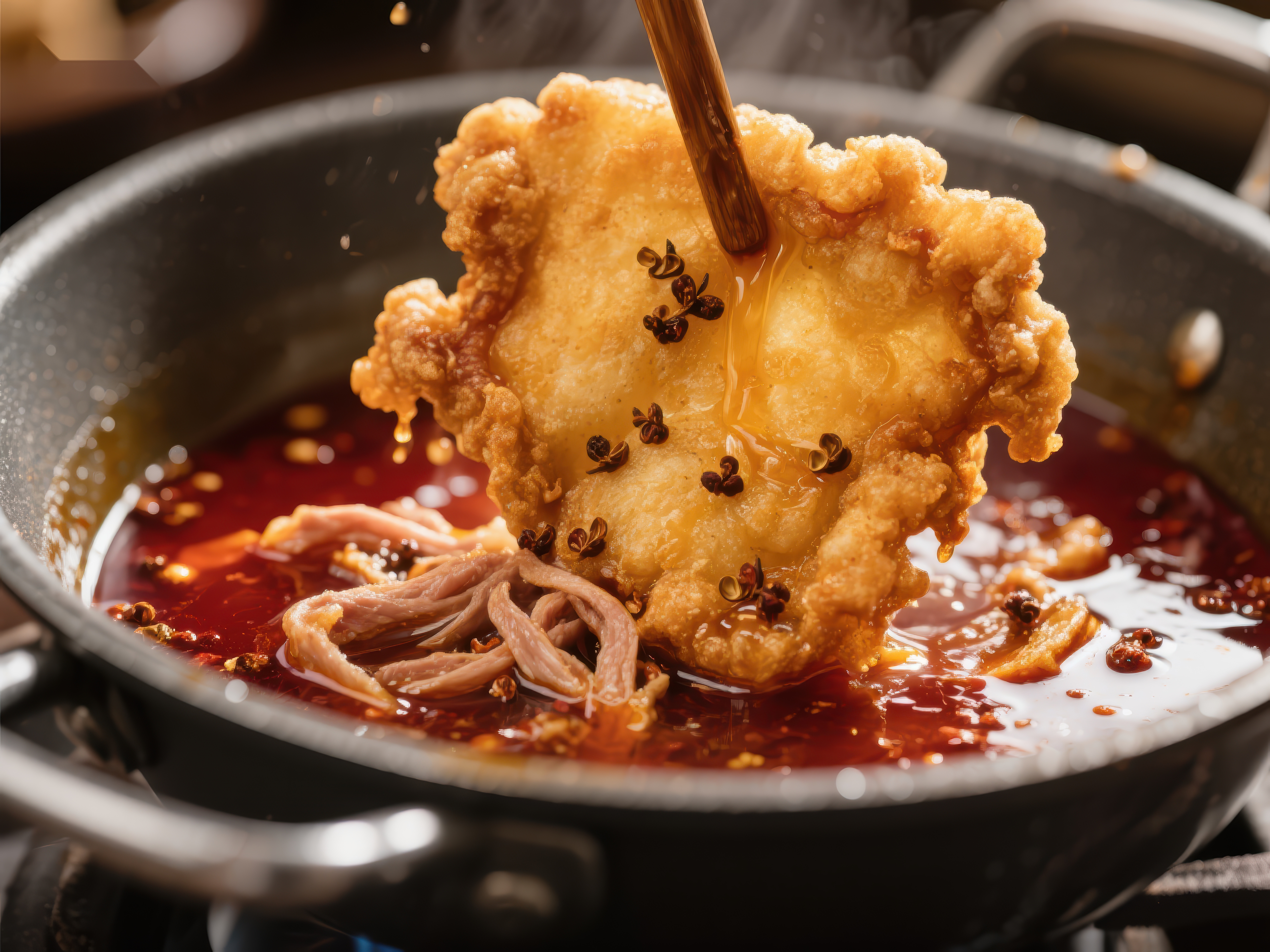 热油锅中翻炒的酥脆食材素材