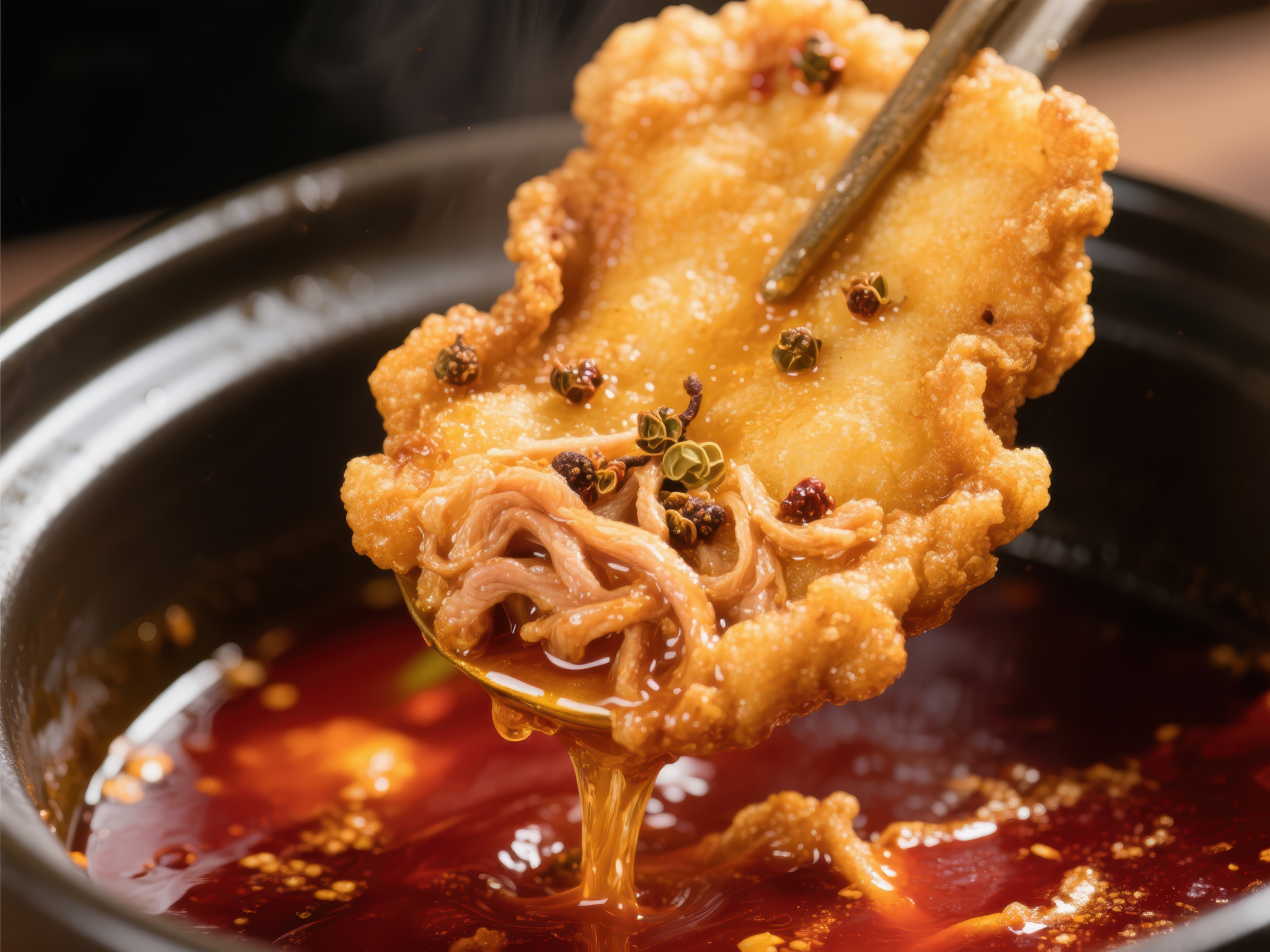 麻辣火锅中的酥脆食材特写素材