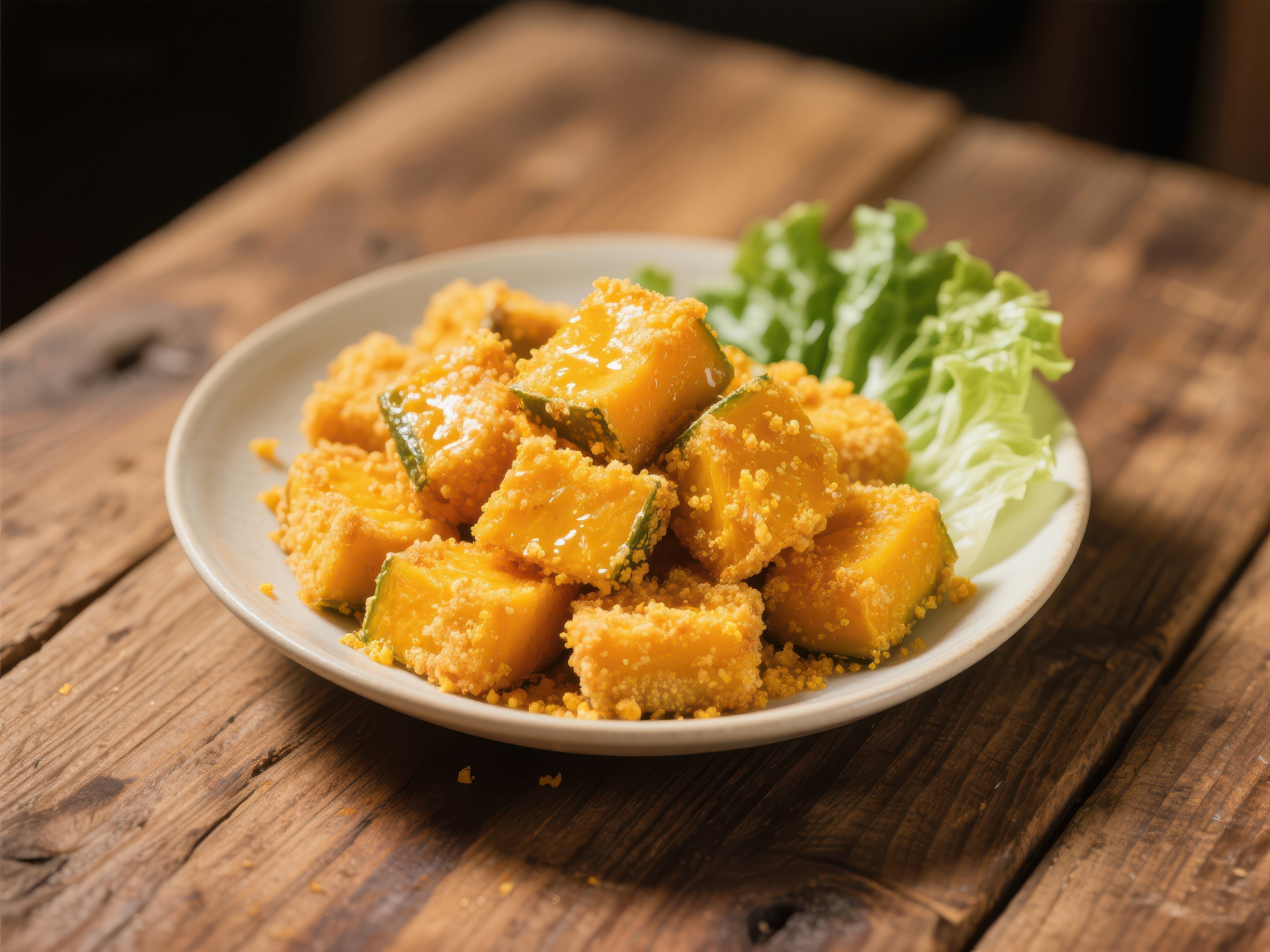 金黄酥脆南瓜块配生菜素材