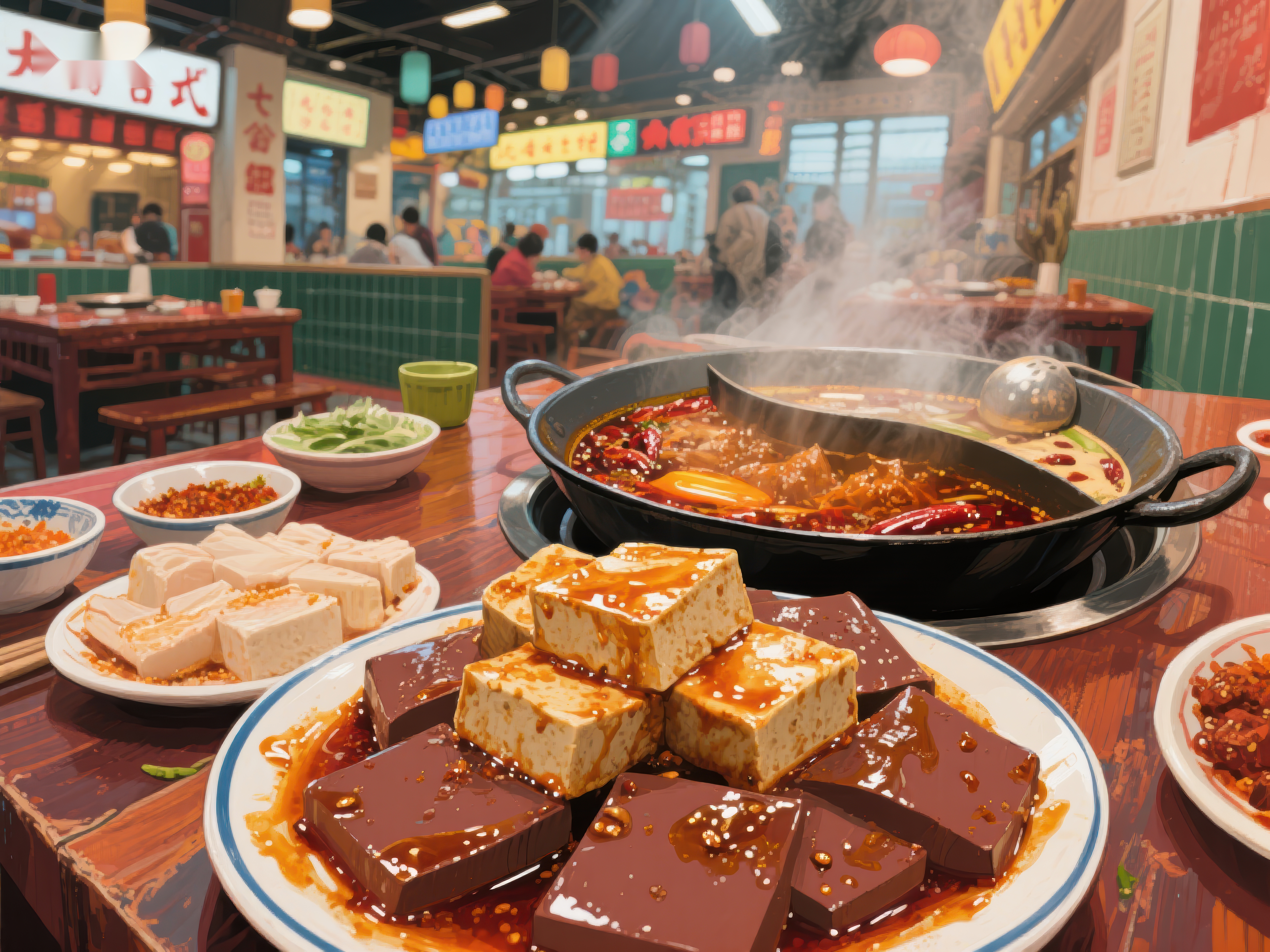 火锅盛宴豆腐与麻辣锅底的完美结合素材