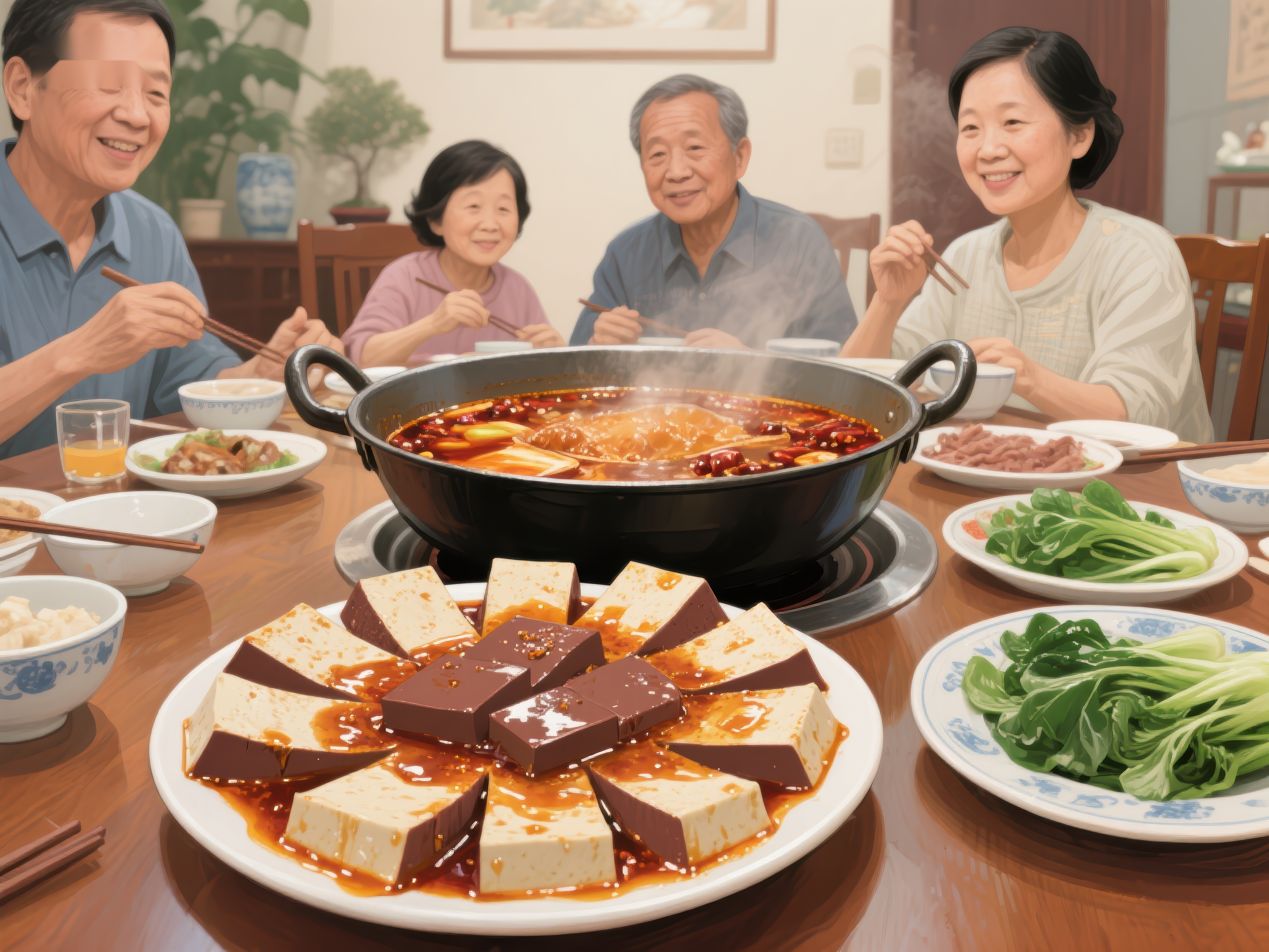 家庭围坐餐桌享用火锅美食素材